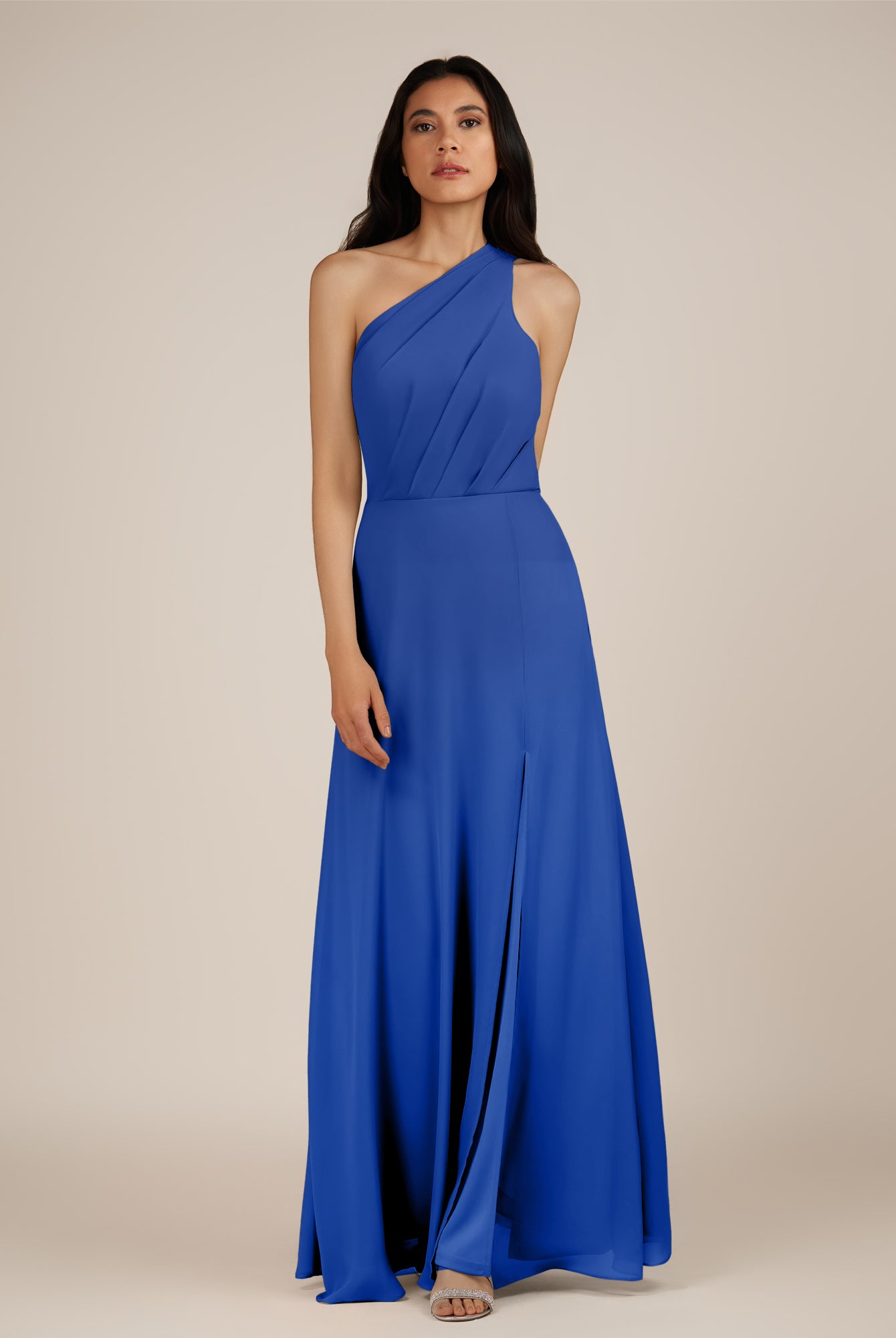 KissDress-Gaura Royal Blue A Line Chiffon One Shoulder Pleated Long Bridesmaid Dress with Slit