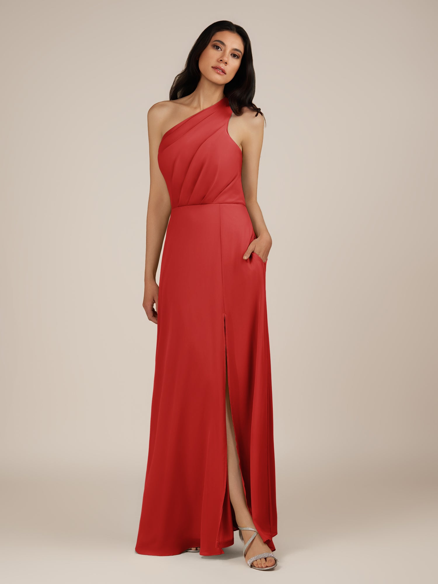 KissDress-Gaura Ruby Red A Line Chiffon One Shoulder Pleated Long Bridesmaid Dress with Slit