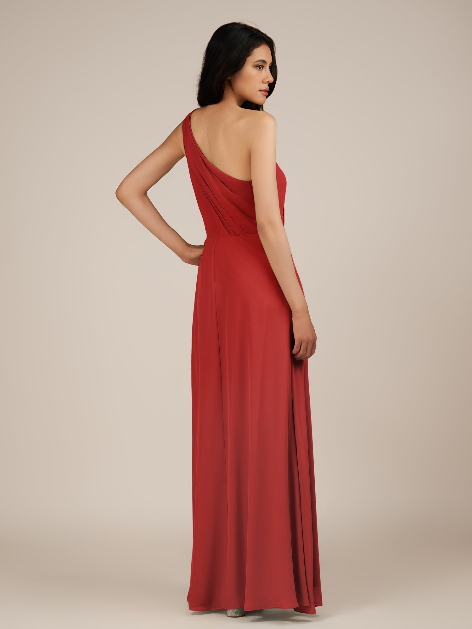 KissDress-Gaura Ruby Red A Line Chiffon One Shoulder Pleated Long Bridesmaid Dress with Slit