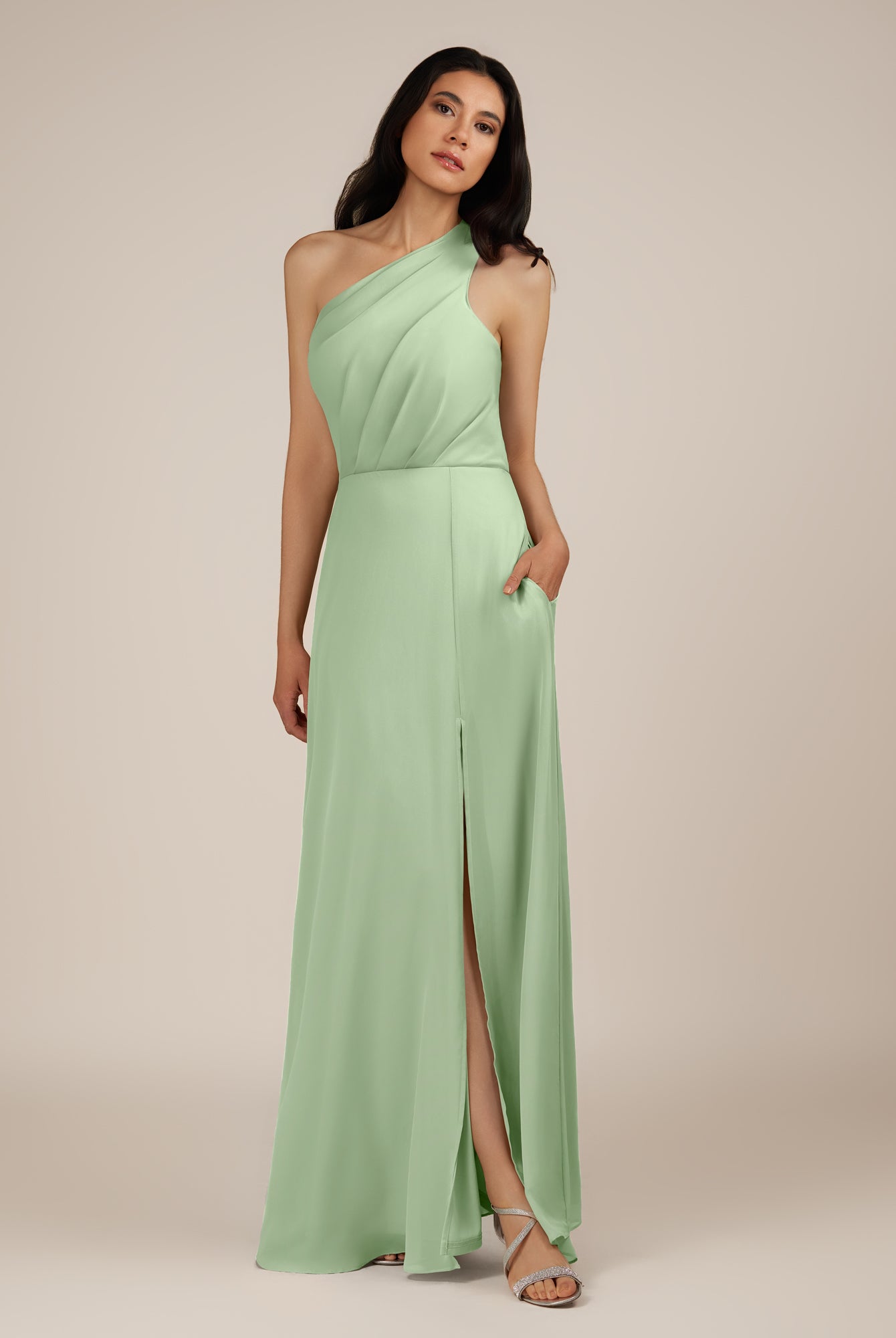 KissDress-Gaura Sage A Line Chiffon One Shoulder Pleated Long Bridesmaid Dress with Slit