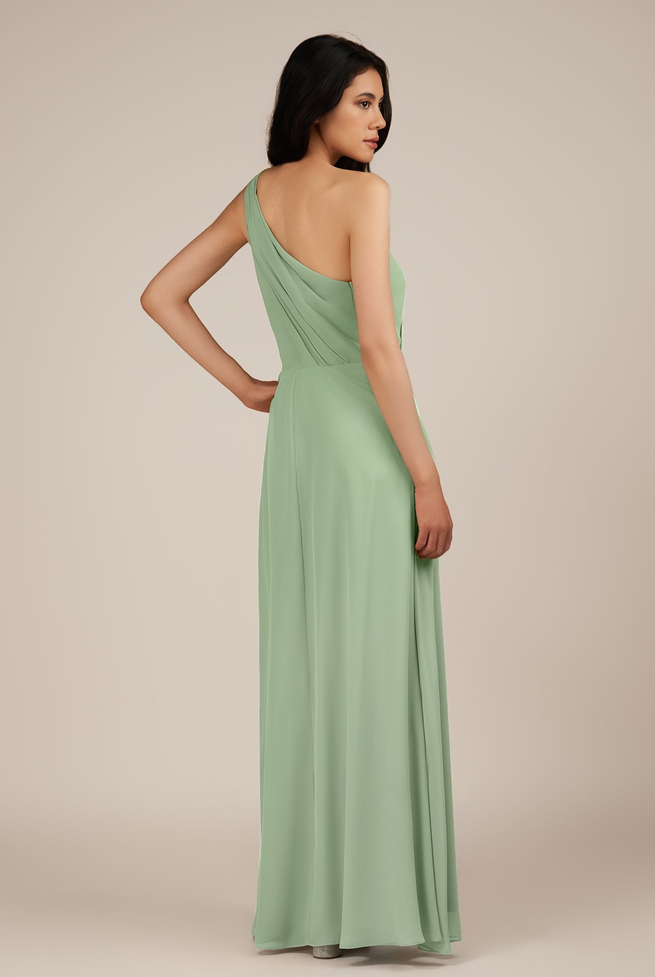 KissDress-Gaura Sage A Line Chiffon One Shoulder Pleated Long Bridesmaid Dress with Slit