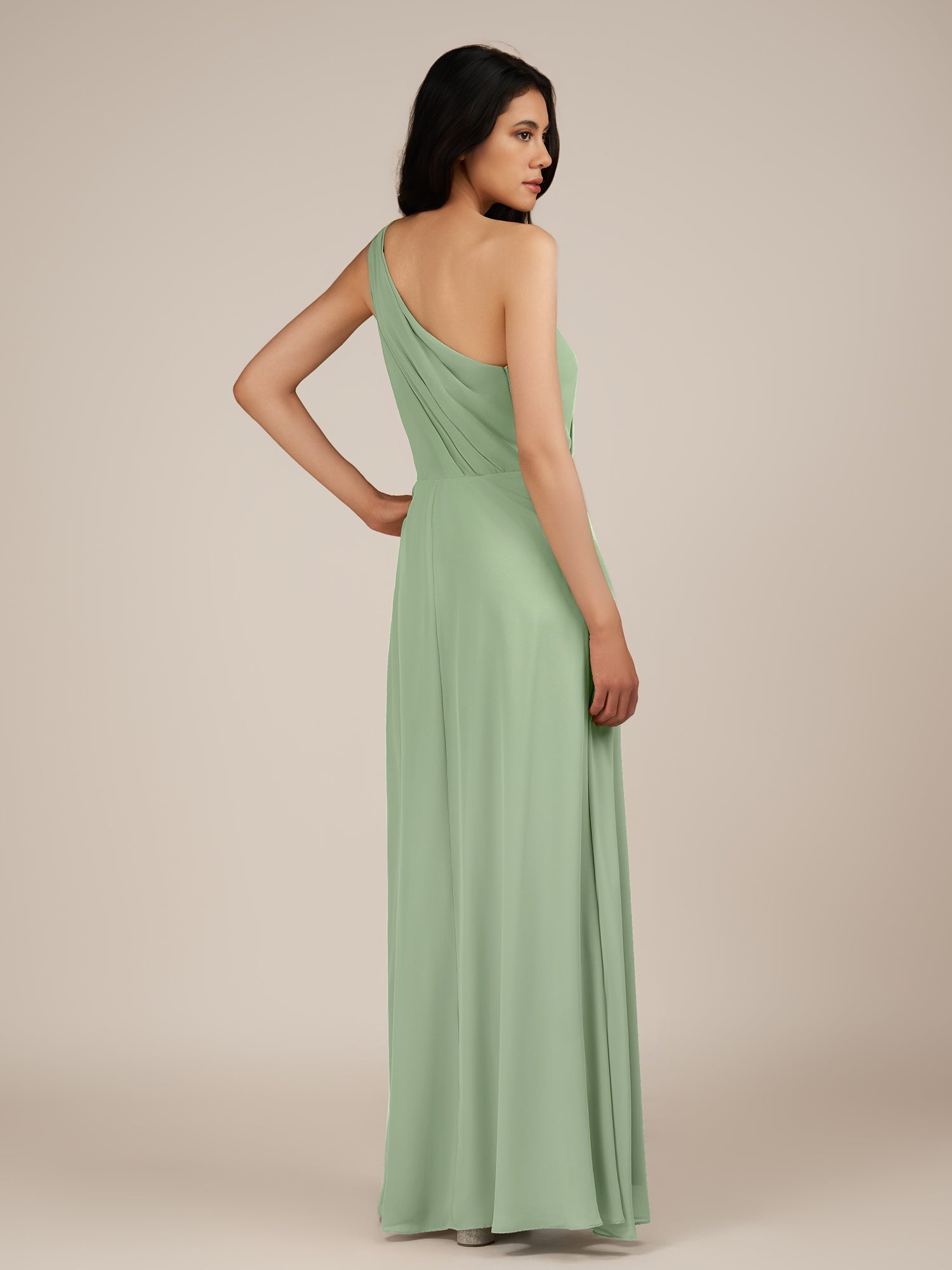 KissDress-Gaura Sage A Line Chiffon One Shoulder Pleated Long Bridesmaid Dress with Slit