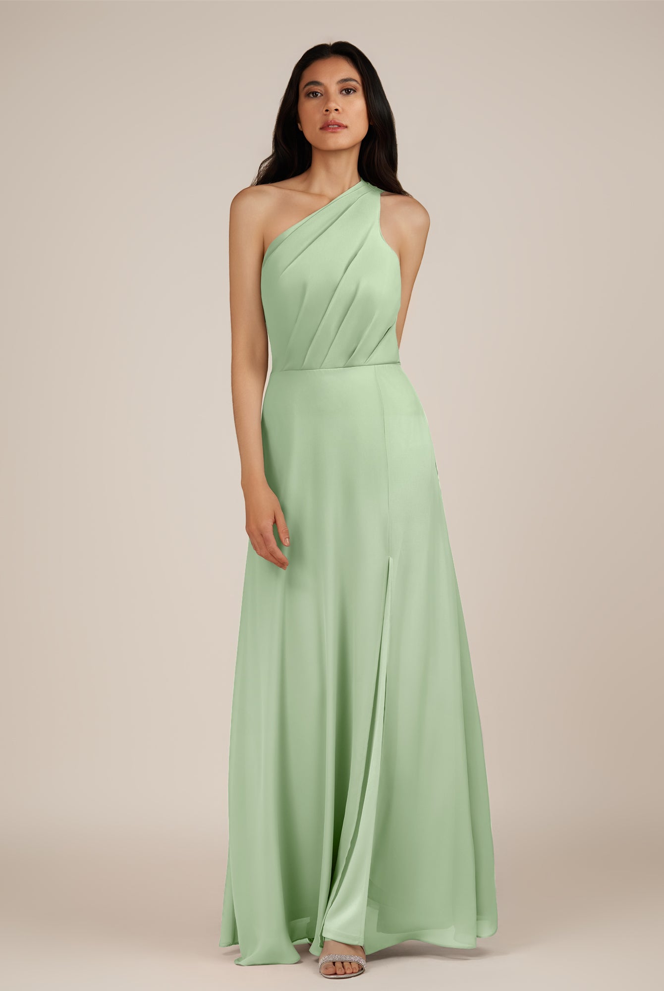 KissDress-Gaura Sage A Line Chiffon One Shoulder Pleated Long Bridesmaid Dress with Slit