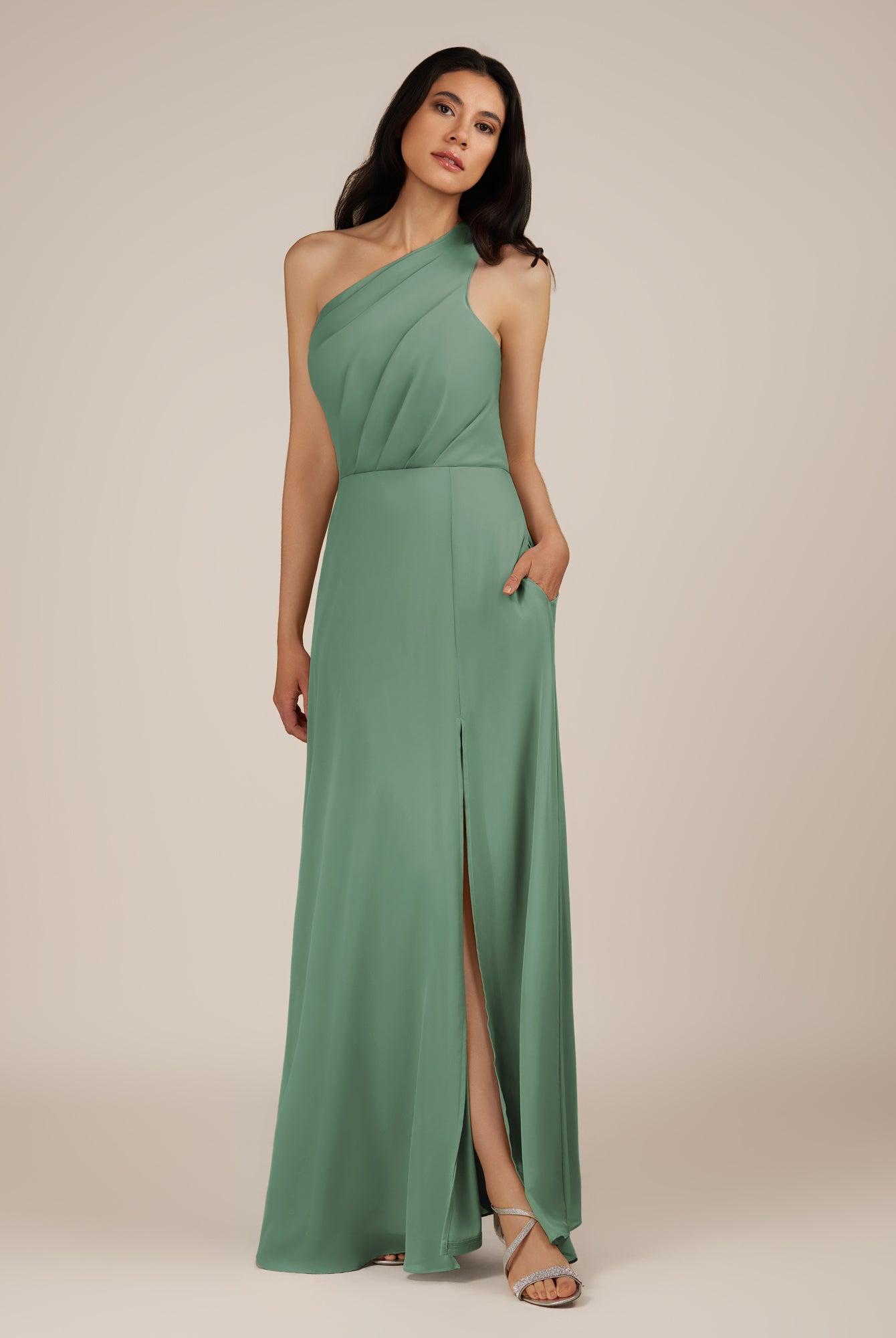 KissDress-Gaura Sea Glass A Line Chiffon One Shoulder Pleated Long Bridesmaid Dress with Slit