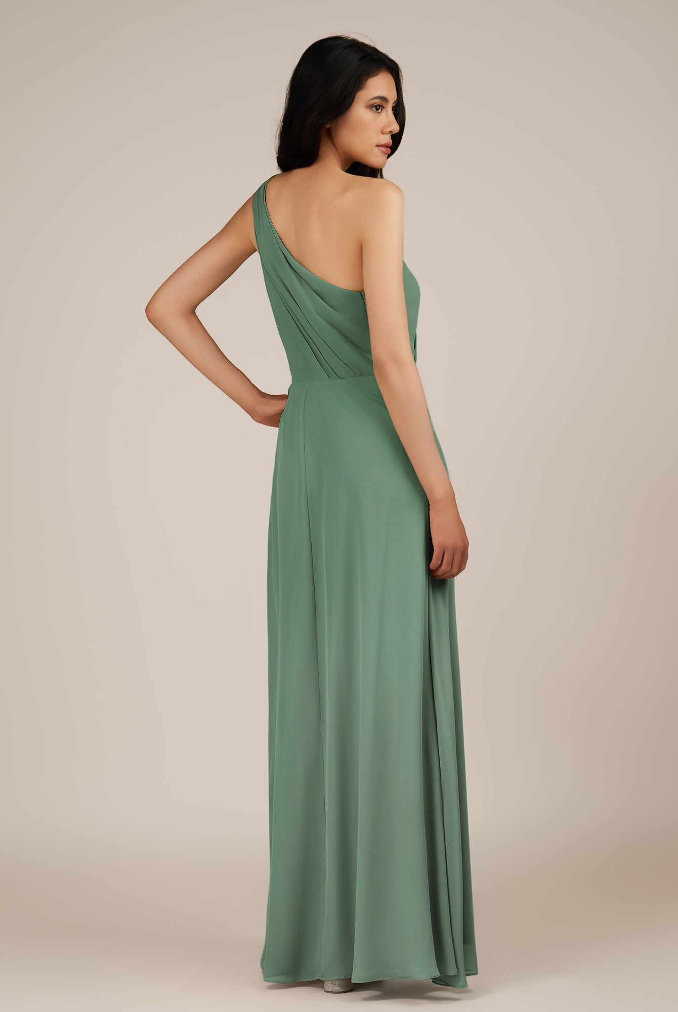 KissDress-Gaura Sea Glass A Line Chiffon One Shoulder Pleated Long Bridesmaid Dress with Slit