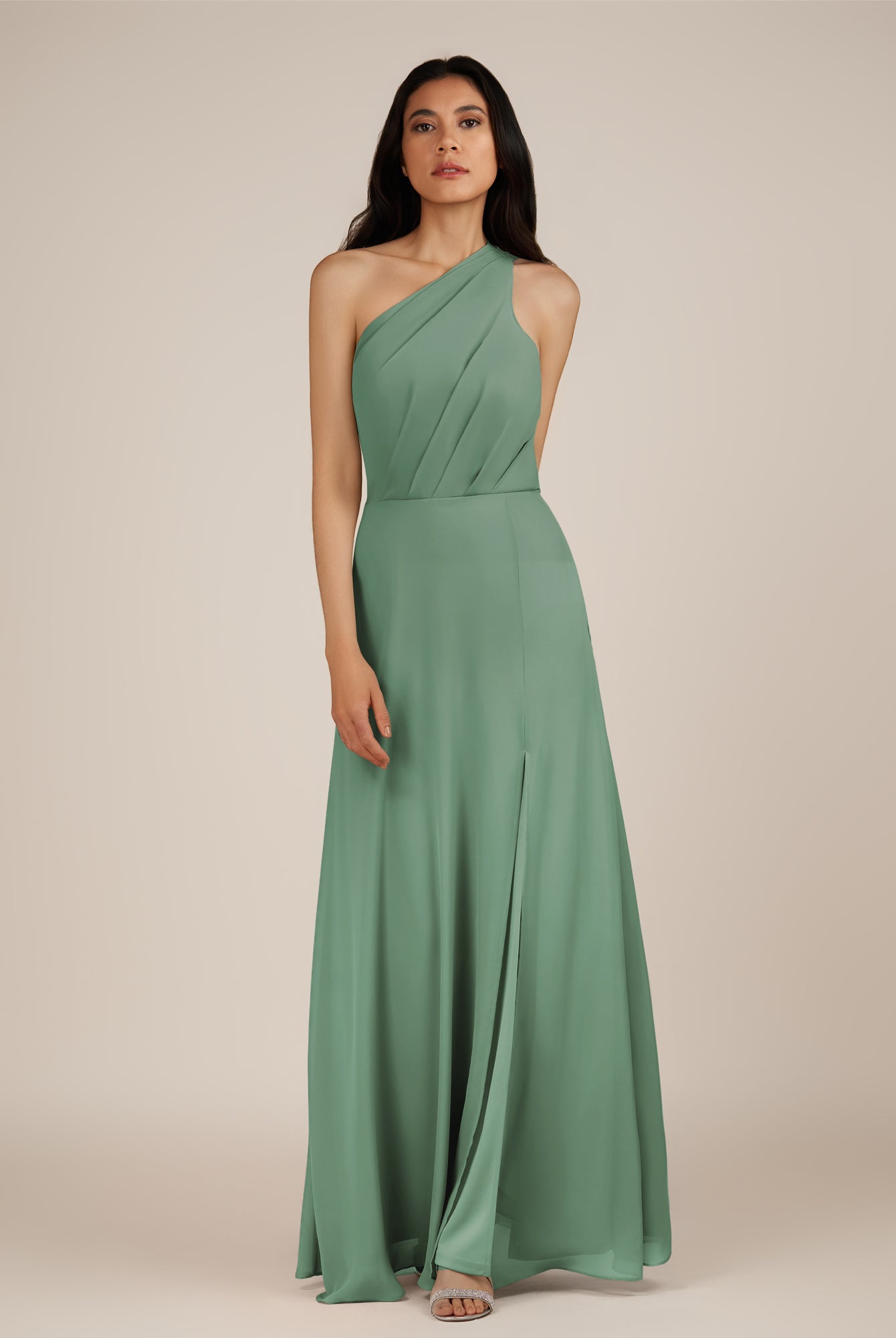 KissDress-Gaura Sea Glass A Line Chiffon One Shoulder Pleated Long Bridesmaid Dress with Slit