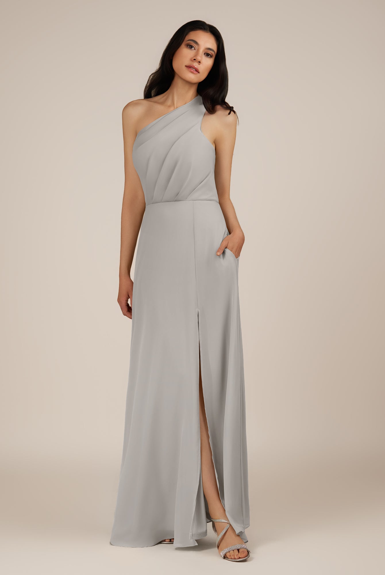 KissDress-Gaura Silver A Line Chiffon One Shoulder Pleated Long Bridesmaid Dress with Slit