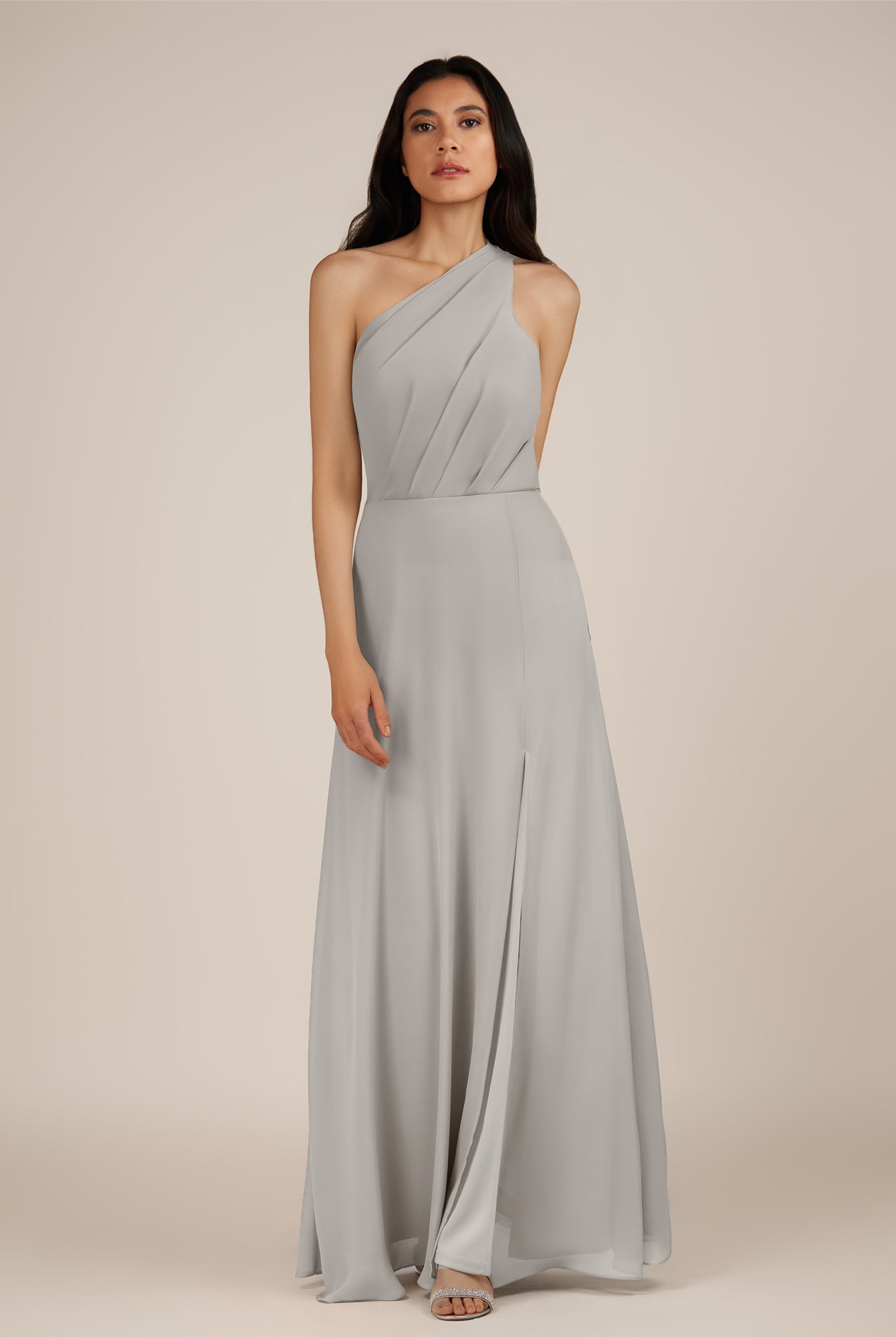 KissDress-Gaura Silver A Line Chiffon One Shoulder Pleated Long Bridesmaid Dress with Slit