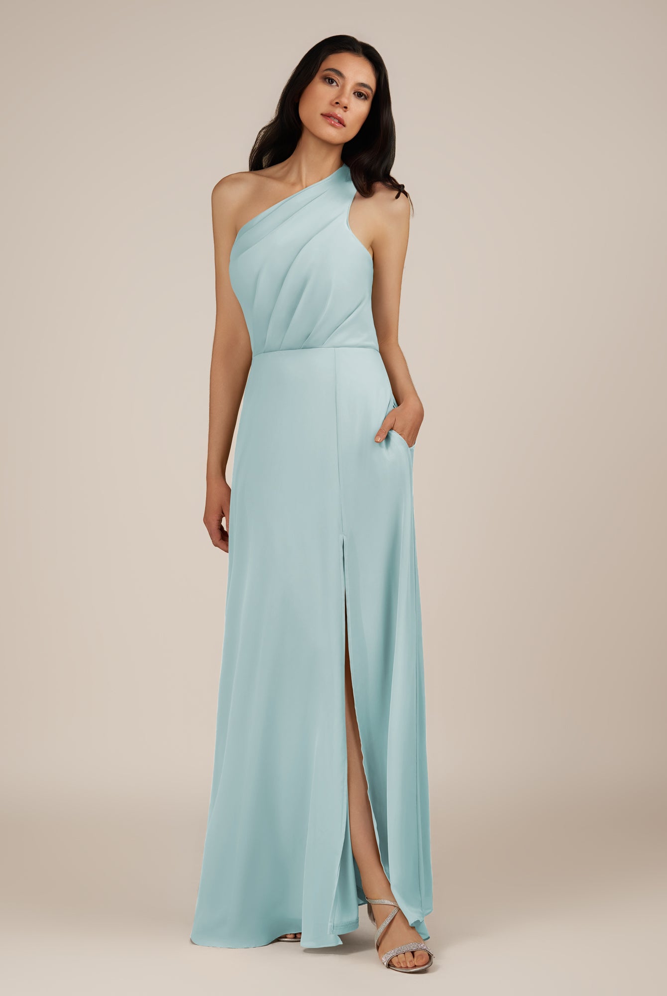 KissDress-Gaura Sky Blue A Line Chiffon One Shoulder Pleated Long Bridesmaid Dress with Slit
