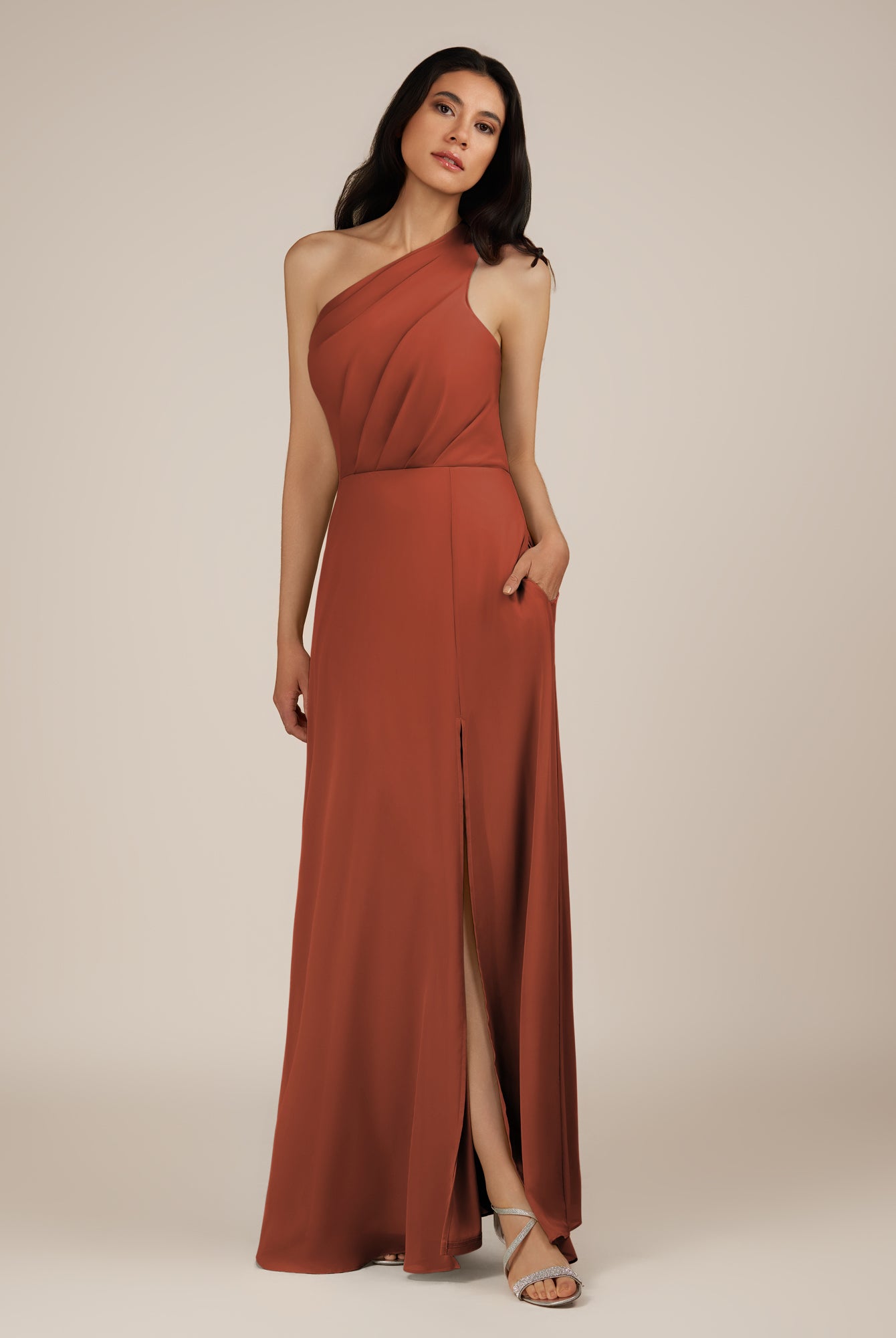 KissDress-Gaura Spice A Line Chiffon One Shoulder Pleated Long Bridesmaid Dress with Slit
