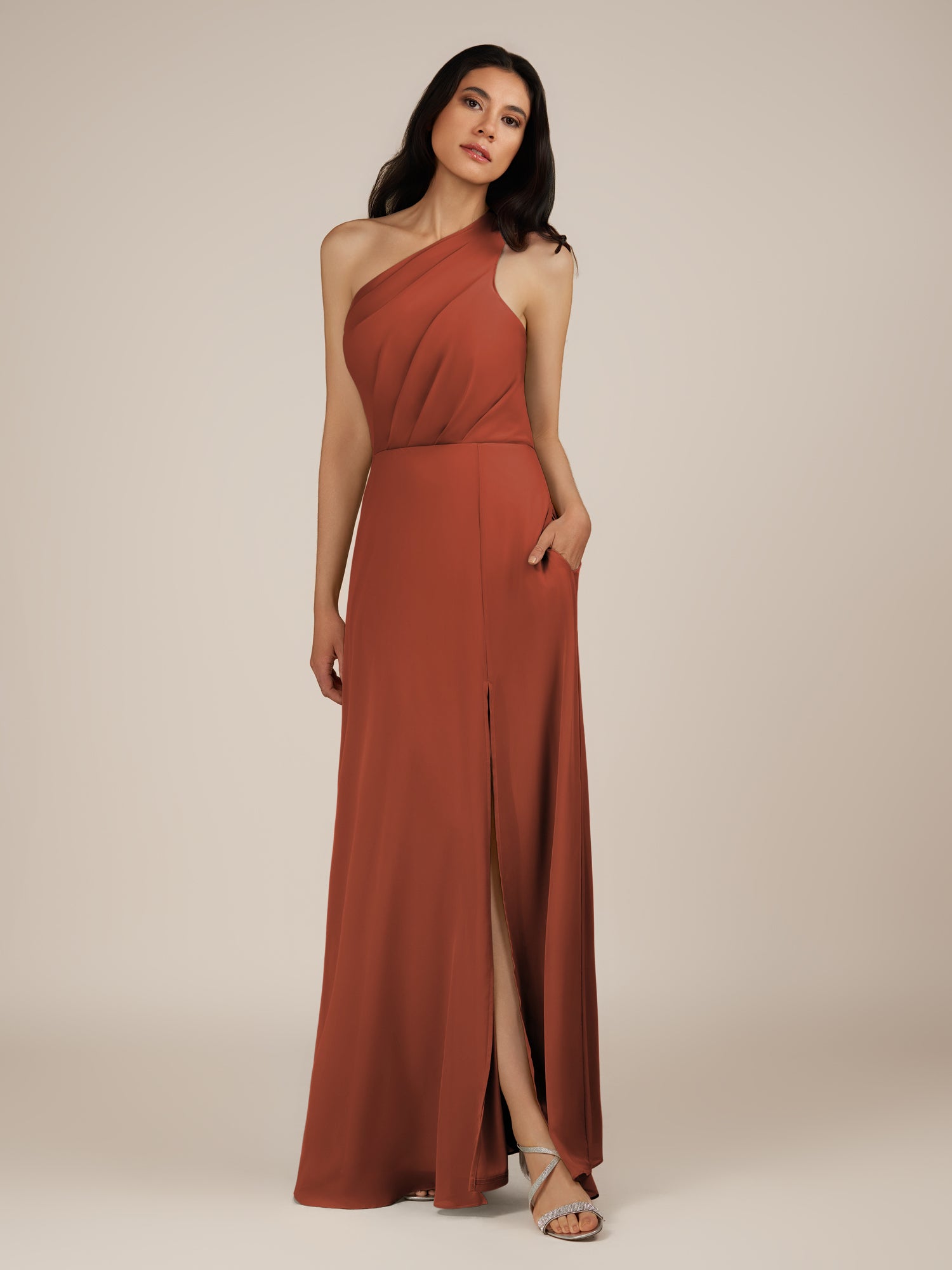 KissDress-Gaura Spice A Line Chiffon One Shoulder Pleated Long Bridesmaid Dress with Slit