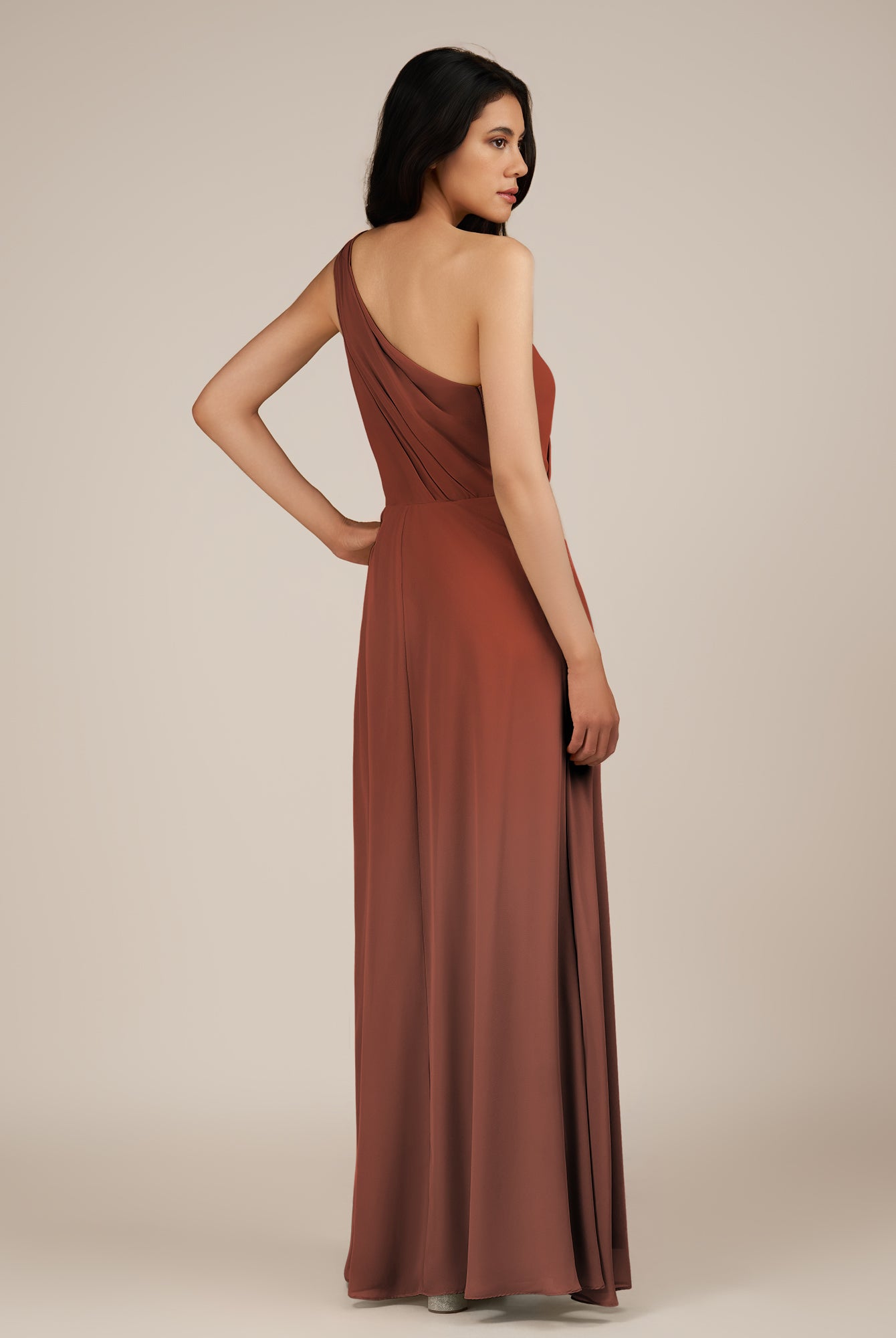 KissDress-Gaura Spice A Line Chiffon One Shoulder Pleated Long Bridesmaid Dress with Slit
