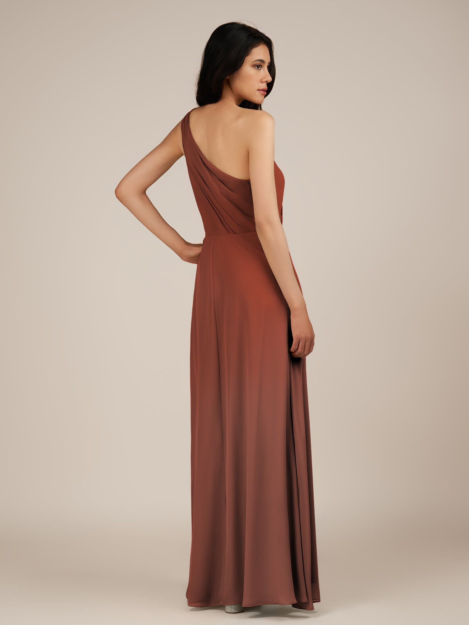 KissDress-Gaura Spice A Line Chiffon One Shoulder Pleated Long Bridesmaid Dress with Slit
