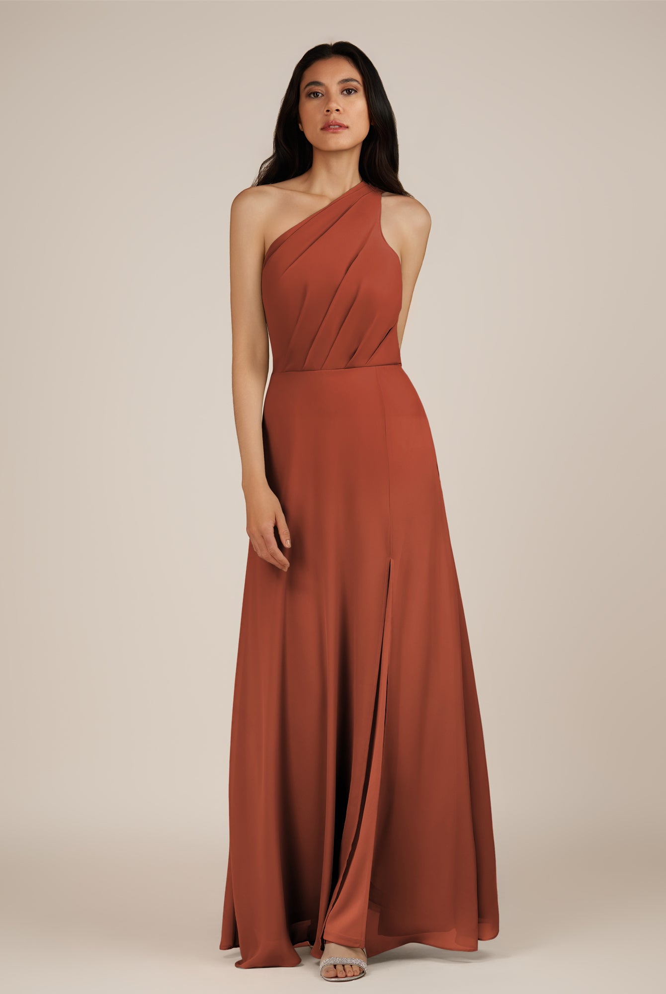 KissDress-Gaura Spice A Line Chiffon One Shoulder Pleated Long Bridesmaid Dress with Slit