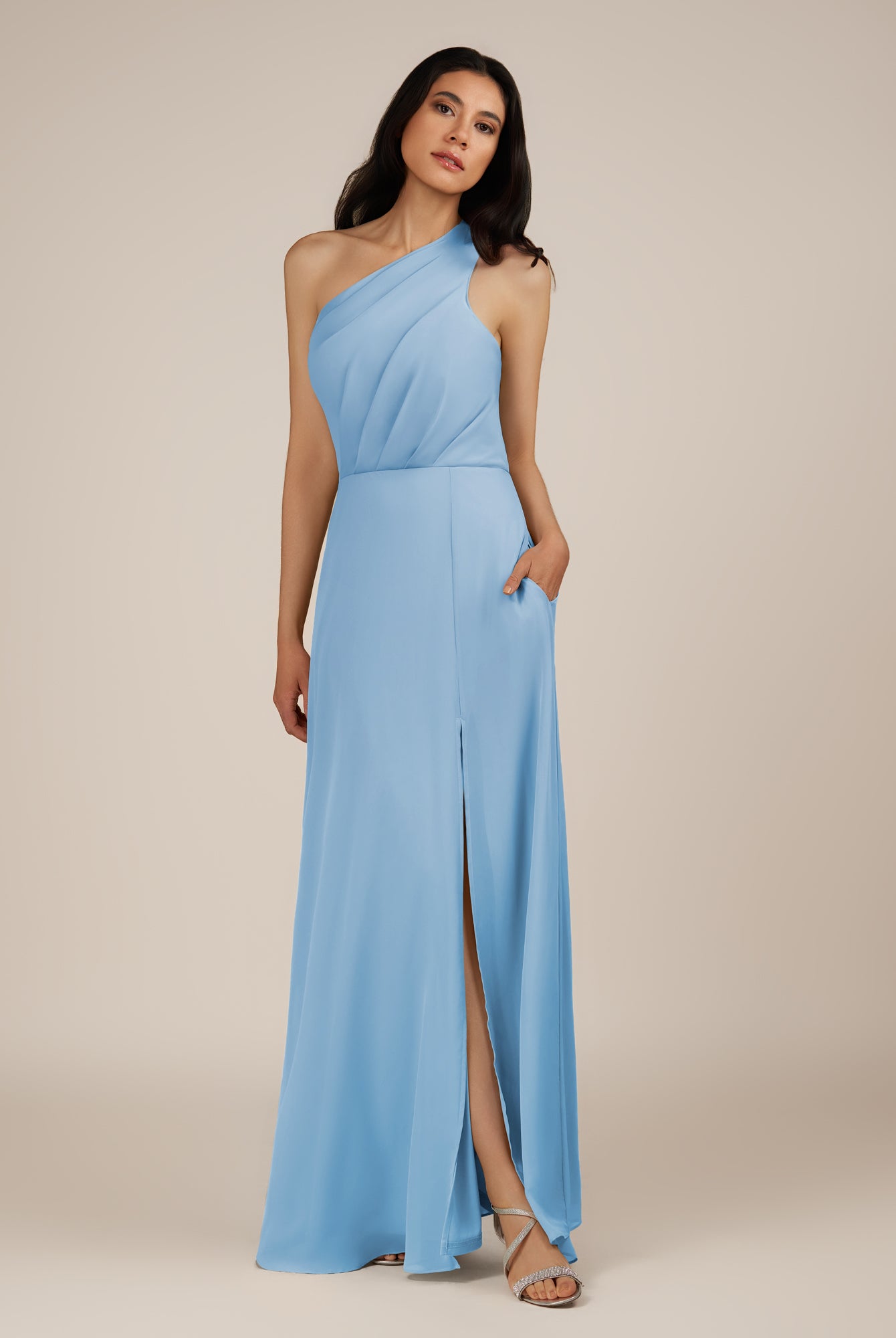 KissDress-Gaura Steel Blue A Line Chiffon One Shoulder Pleated Long Bridesmaid Dress with Slit