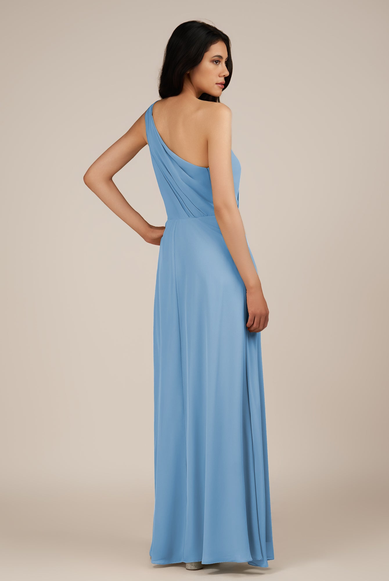 KissDress-Gaura Steel Blue A Line Chiffon One Shoulder Pleated Long Bridesmaid Dress with Slit