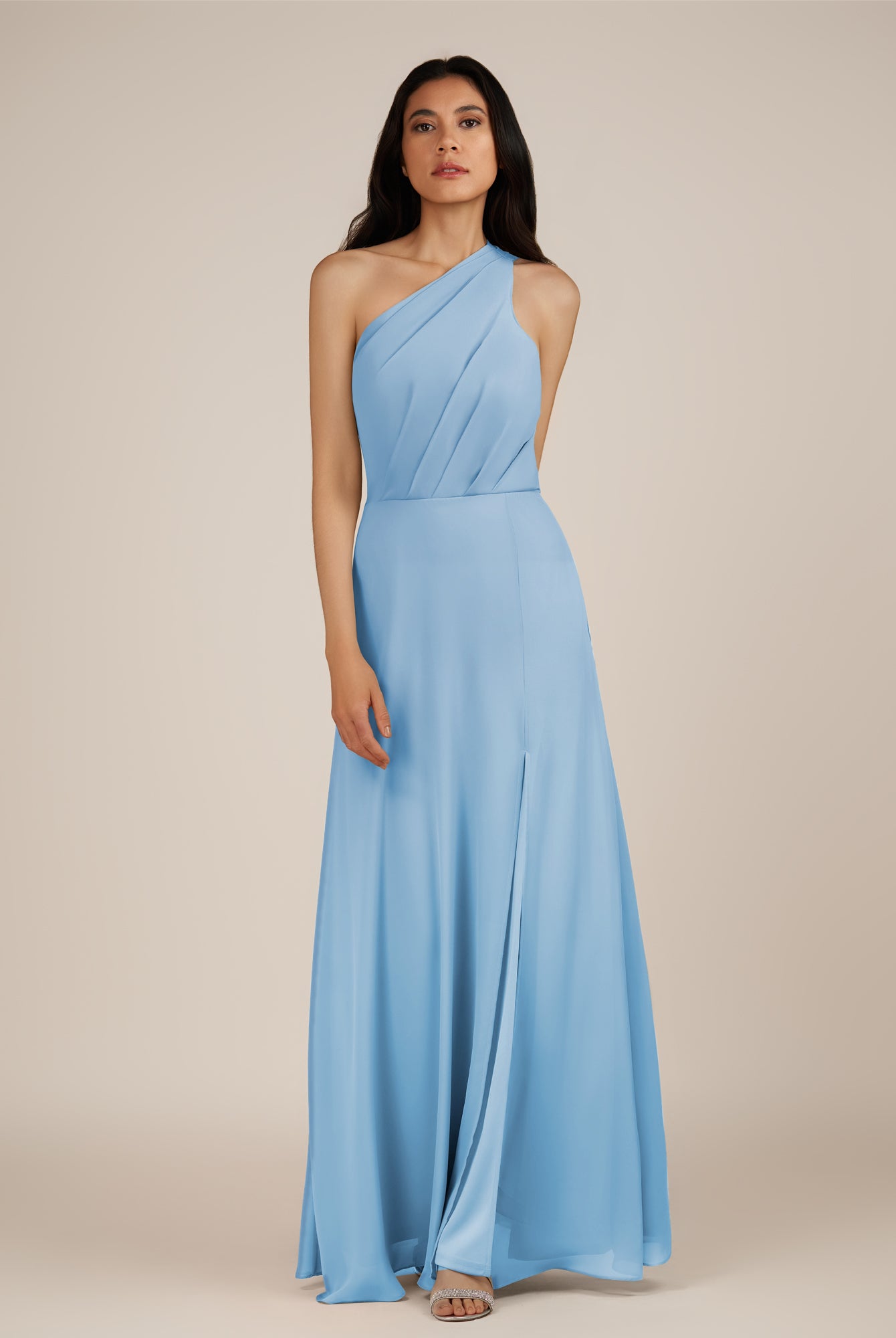 KissDress-Gaura Steel Blue A Line Chiffon One Shoulder Pleated Long Bridesmaid Dress with Slit