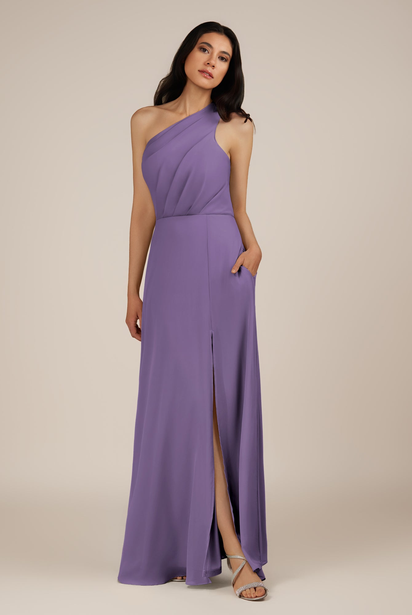 KissDress-Gaura Tahiti A Line Chiffon One Shoulder Pleated Long Bridesmaid Dress with Slit