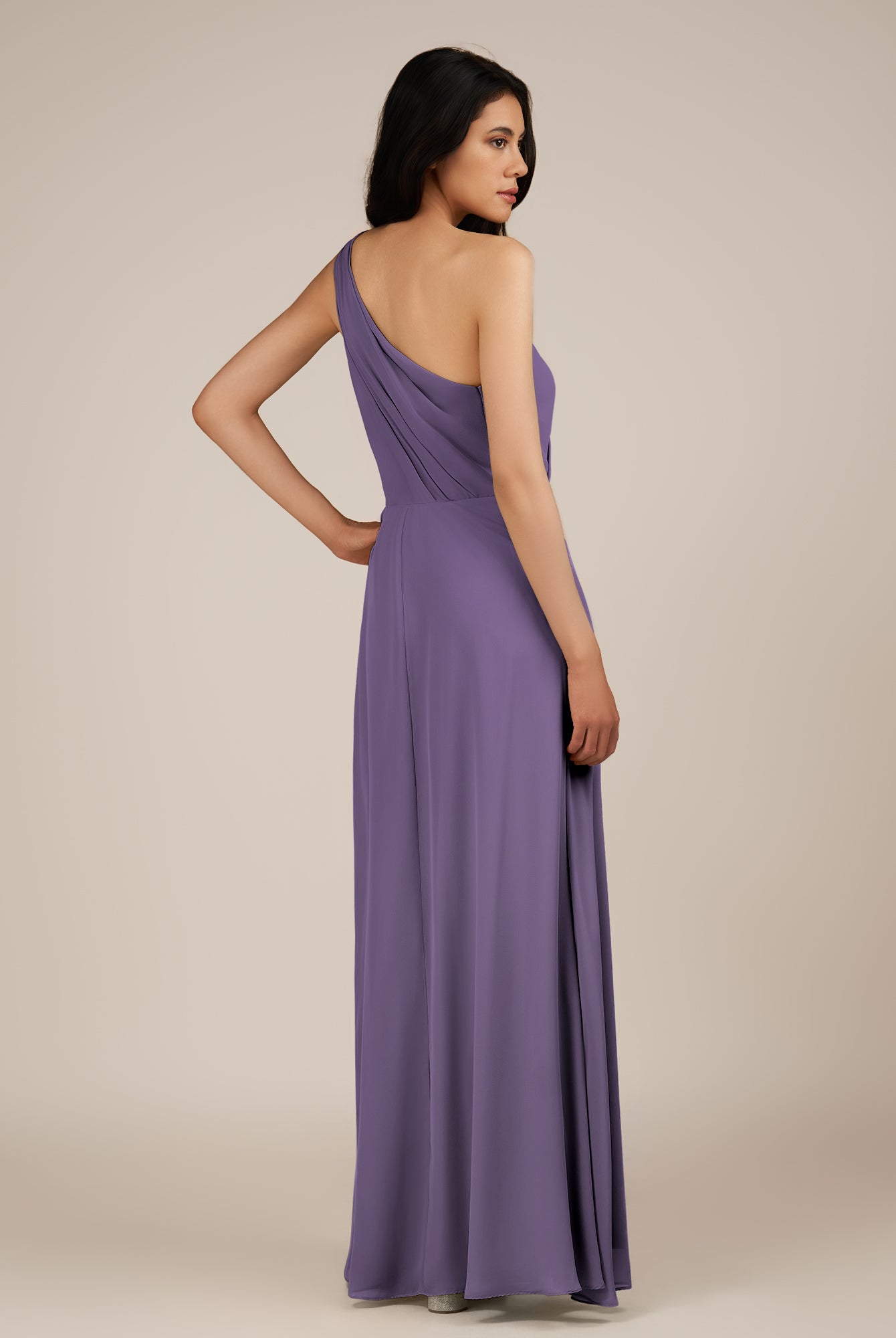 KissDress-Gaura Tahiti A Line Chiffon One Shoulder Pleated Long Bridesmaid Dress with Slit