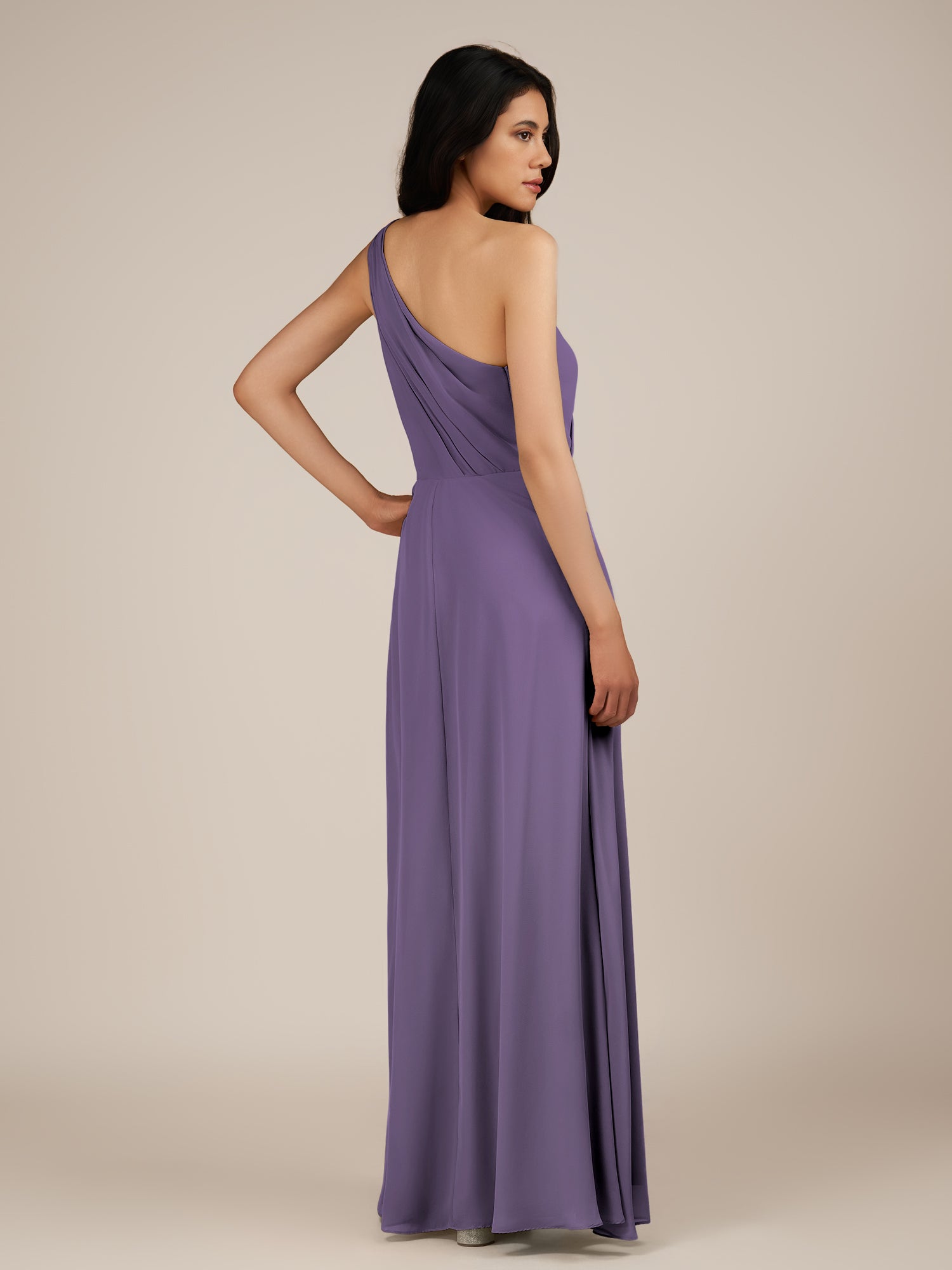 KissDress-Gaura Tahiti A Line Chiffon One Shoulder Pleated Long Bridesmaid Dress with Slit