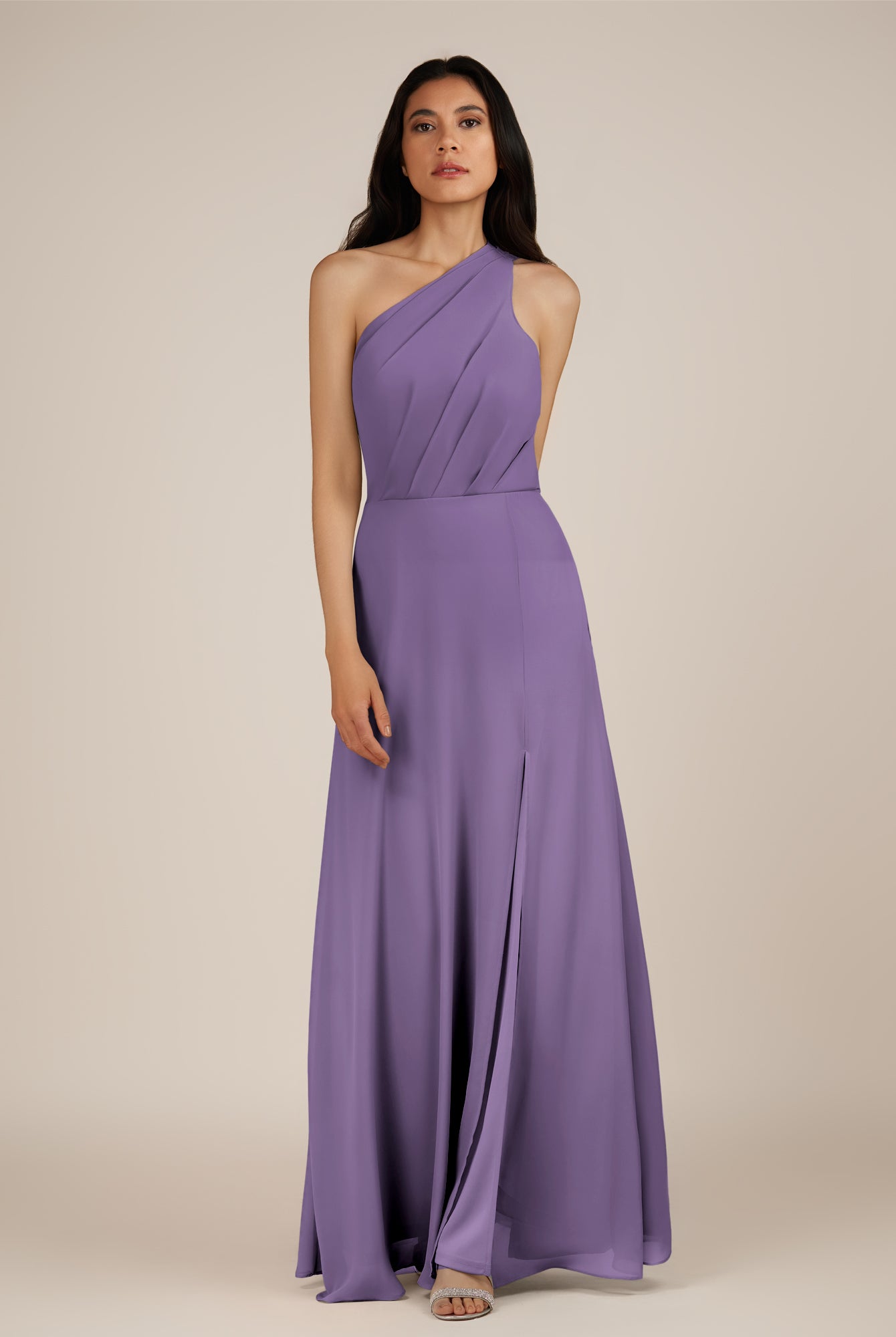 KissDress-Gaura Tahiti A Line Chiffon One Shoulder Pleated Long Bridesmaid Dress with Slit