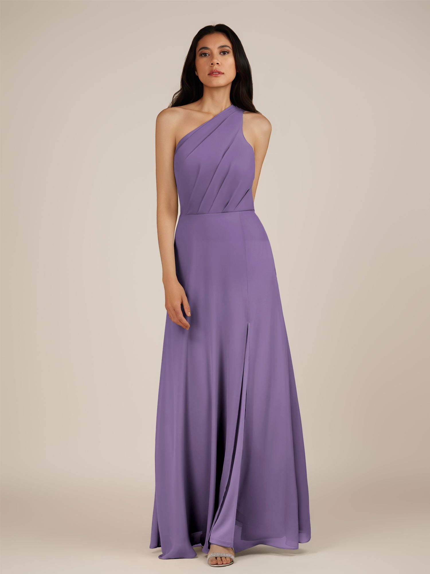 KissDress-Gaura Tahiti A Line Chiffon One Shoulder Pleated Long Bridesmaid Dress with Slit