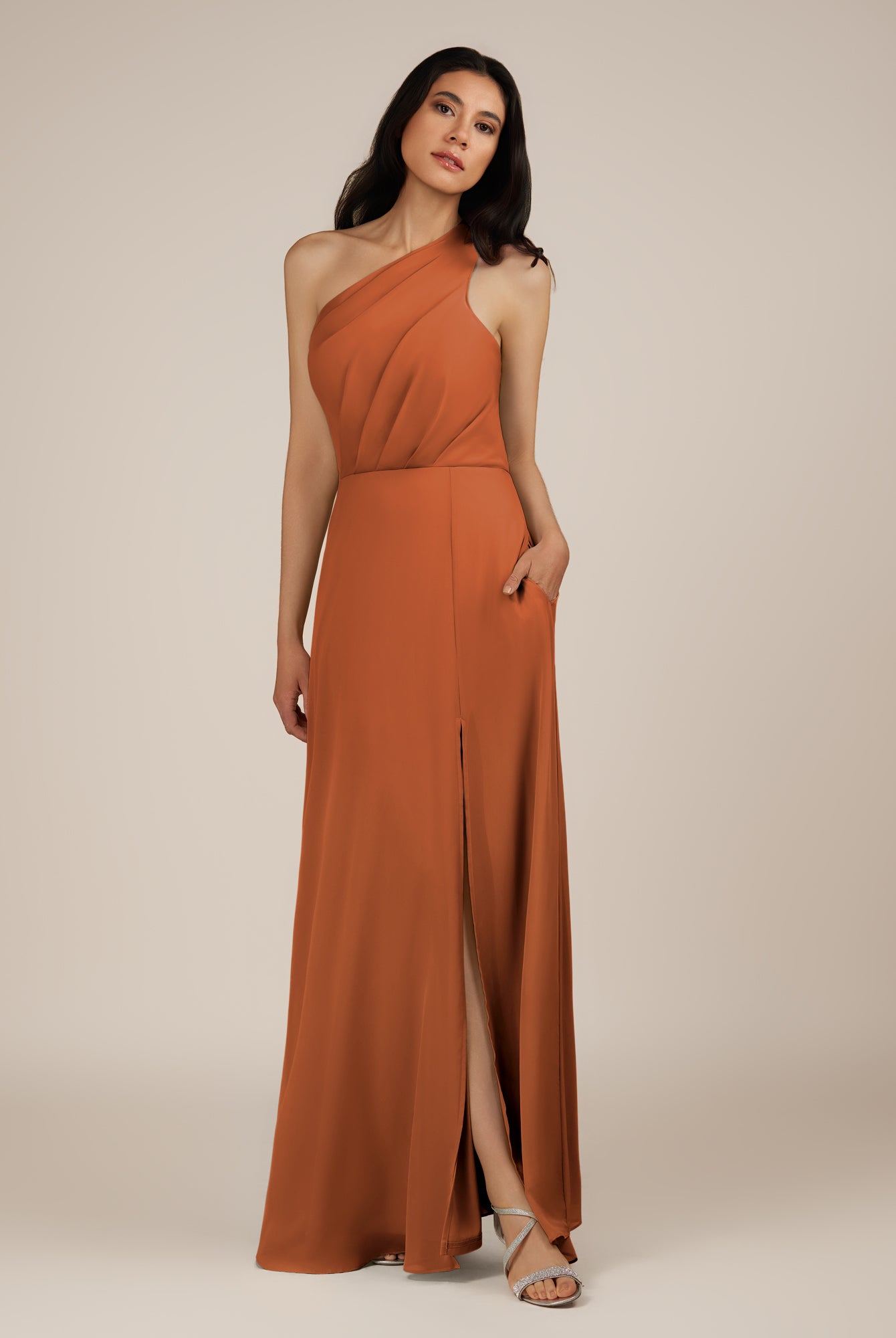 KissDress-Gaura Terracotta A Line Chiffon One Shoulder Pleated Long Bridesmaid Dress with Slit
