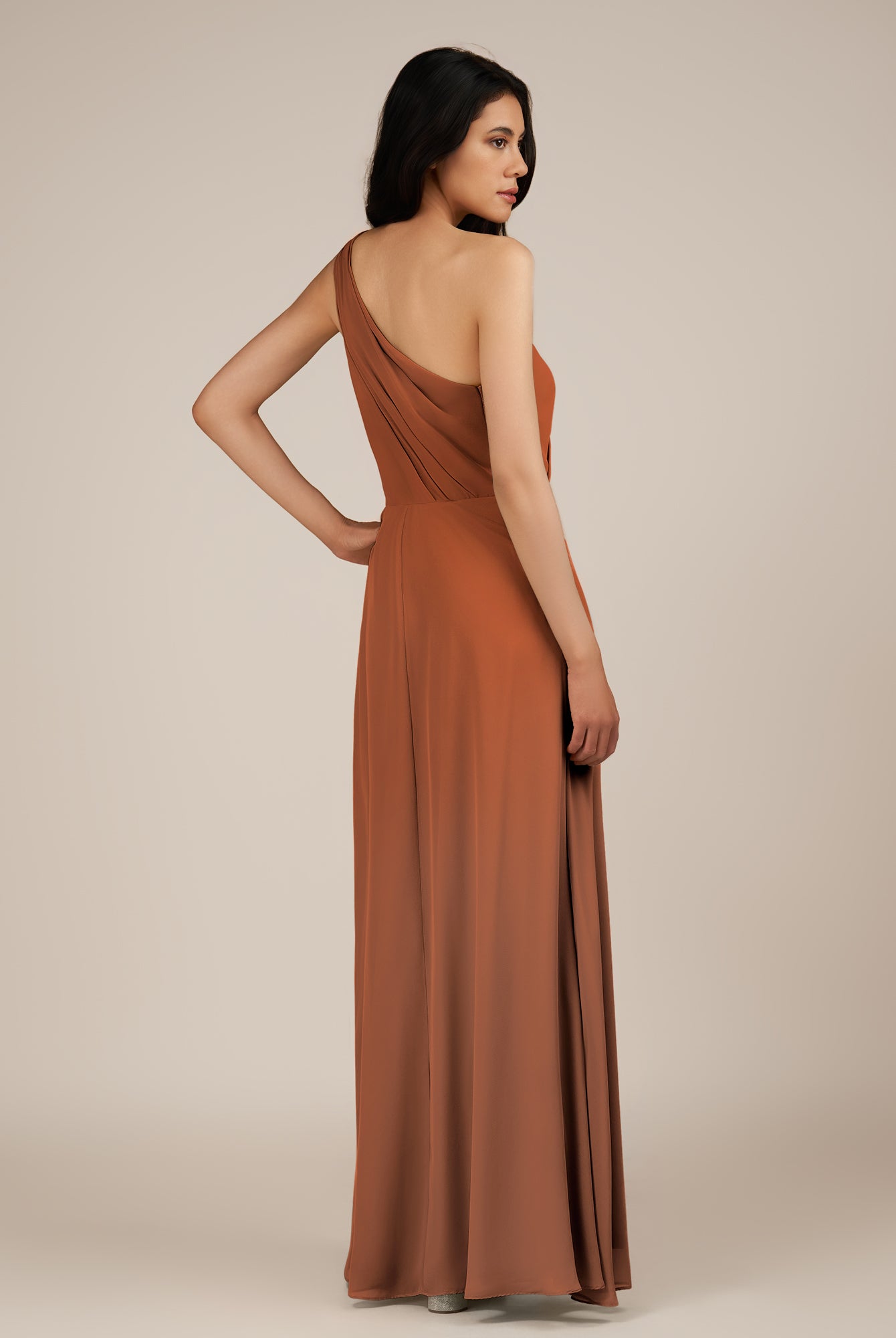 KissDress-Gaura Terracotta A Line Chiffon One Shoulder Pleated Long Bridesmaid Dress with Slit