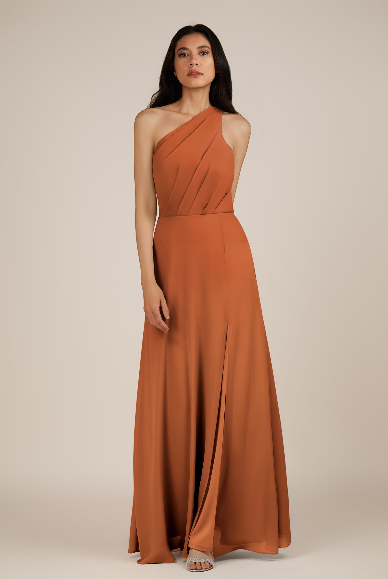 KissDress-Gaura Terracotta A Line Chiffon One Shoulder Pleated Long Bridesmaid Dress with Slit