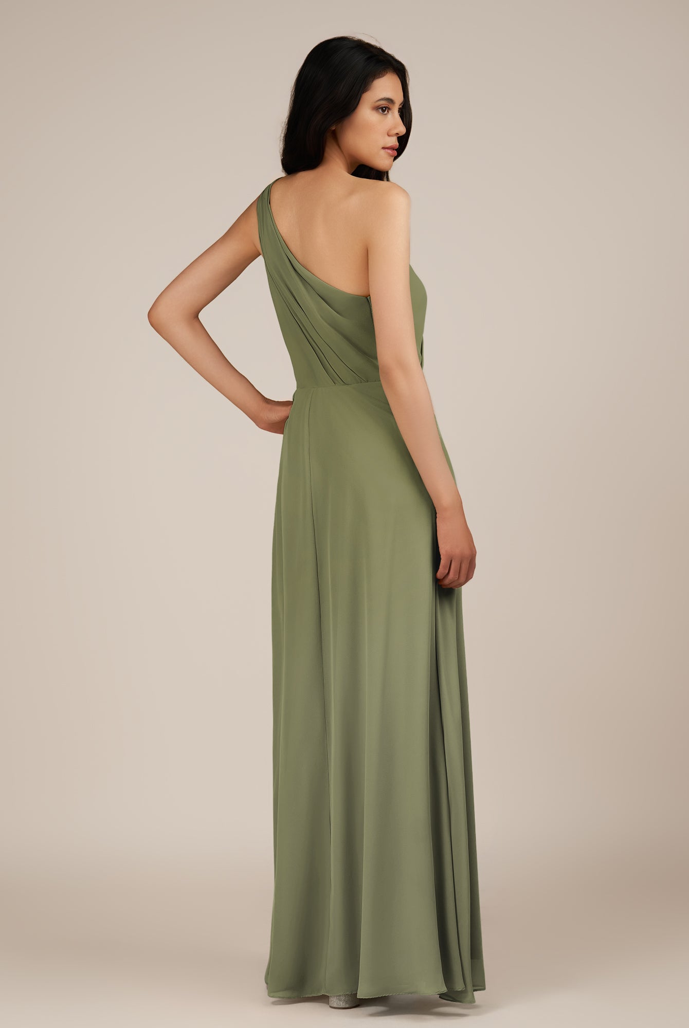 KissDress-Gaura Thyme A Line Chiffon One Shoulder Pleated Long Bridesmaid Dress with Slit