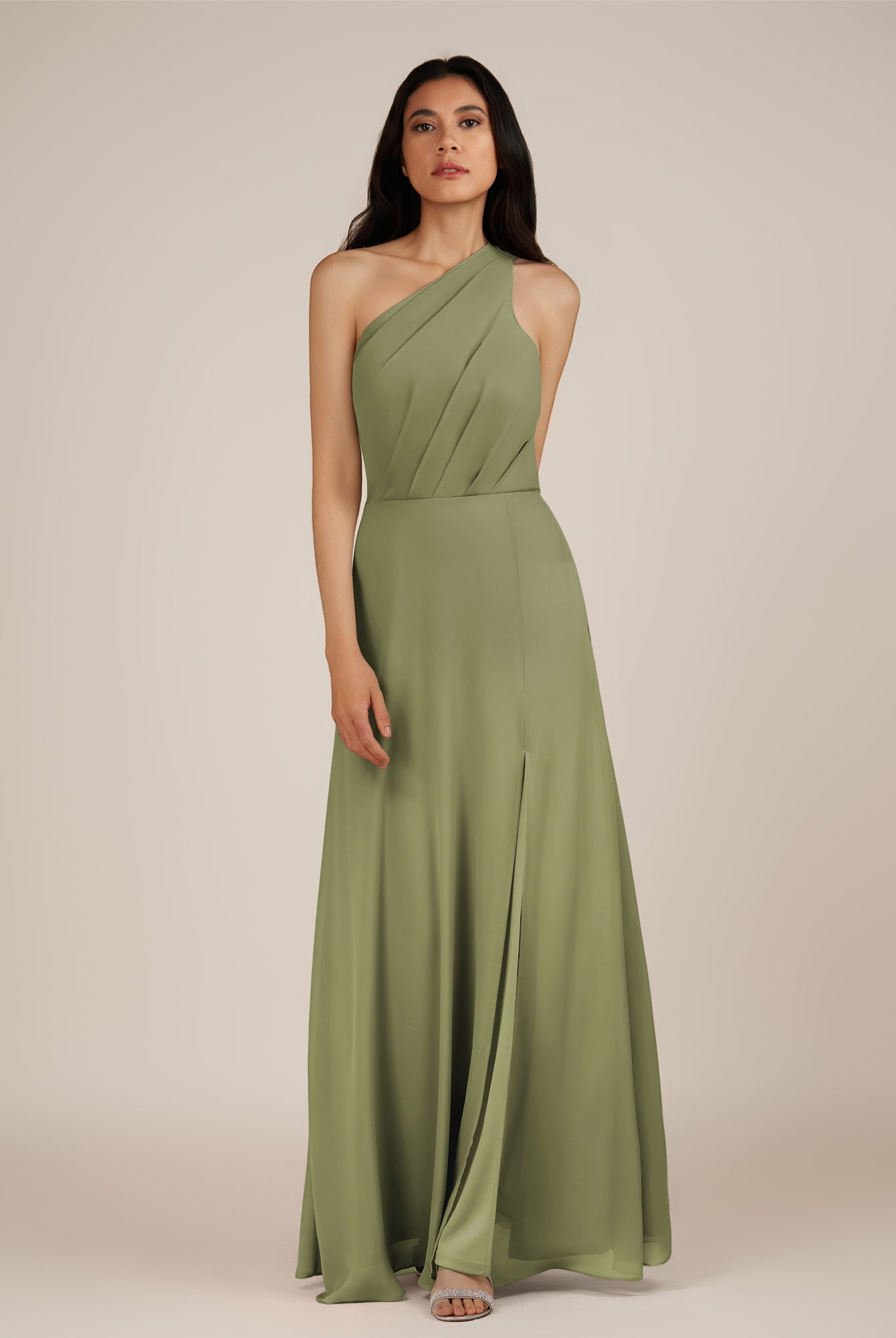 KissDress-Gaura Thyme A Line Chiffon One Shoulder Pleated Long Bridesmaid Dress with Slit