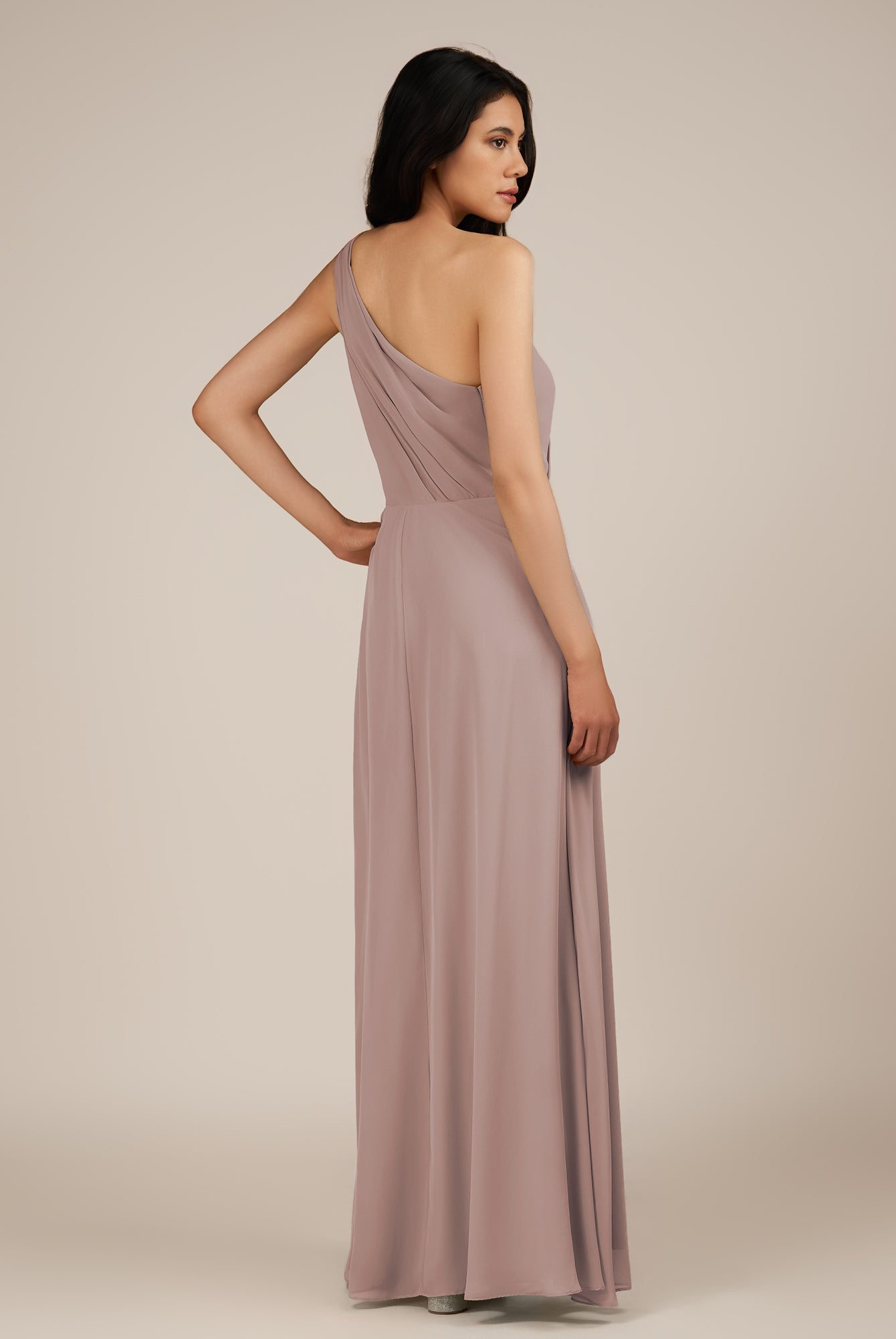 KissDress-Gaura Toffee A Line Chiffon One Shoulder Pleated Long Bridesmaid Dress with Slit