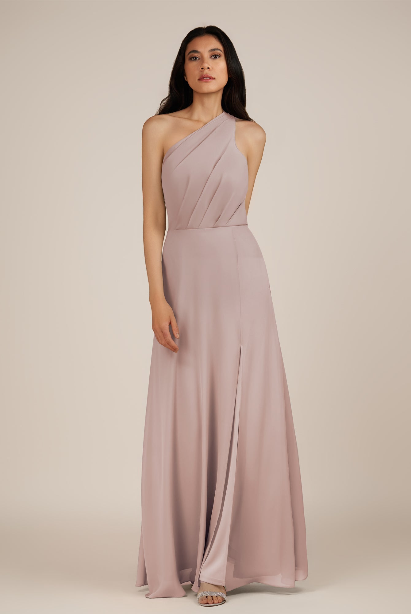 KissDress-Gaura Toffee A Line Chiffon One Shoulder Pleated Long Bridesmaid Dress with Slit