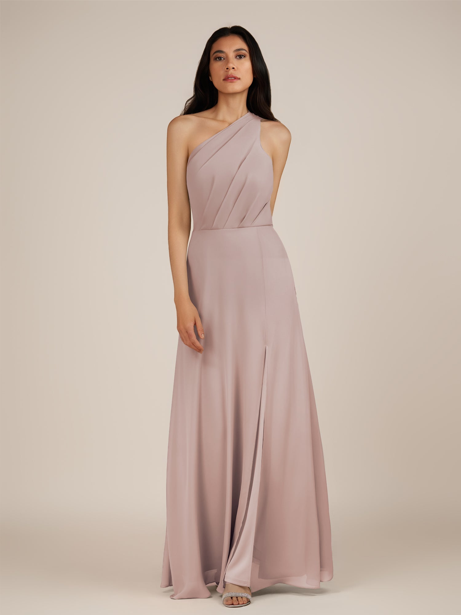 KissDress-Gaura Toffee A Line Chiffon One Shoulder Pleated Long Bridesmaid Dress with Slit