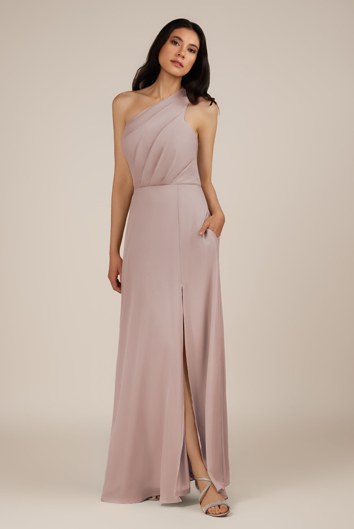 KissDress-Gaura Toffee A Line Chiffon One Shoulder Pleated Long Bridesmaid Dress with Slit