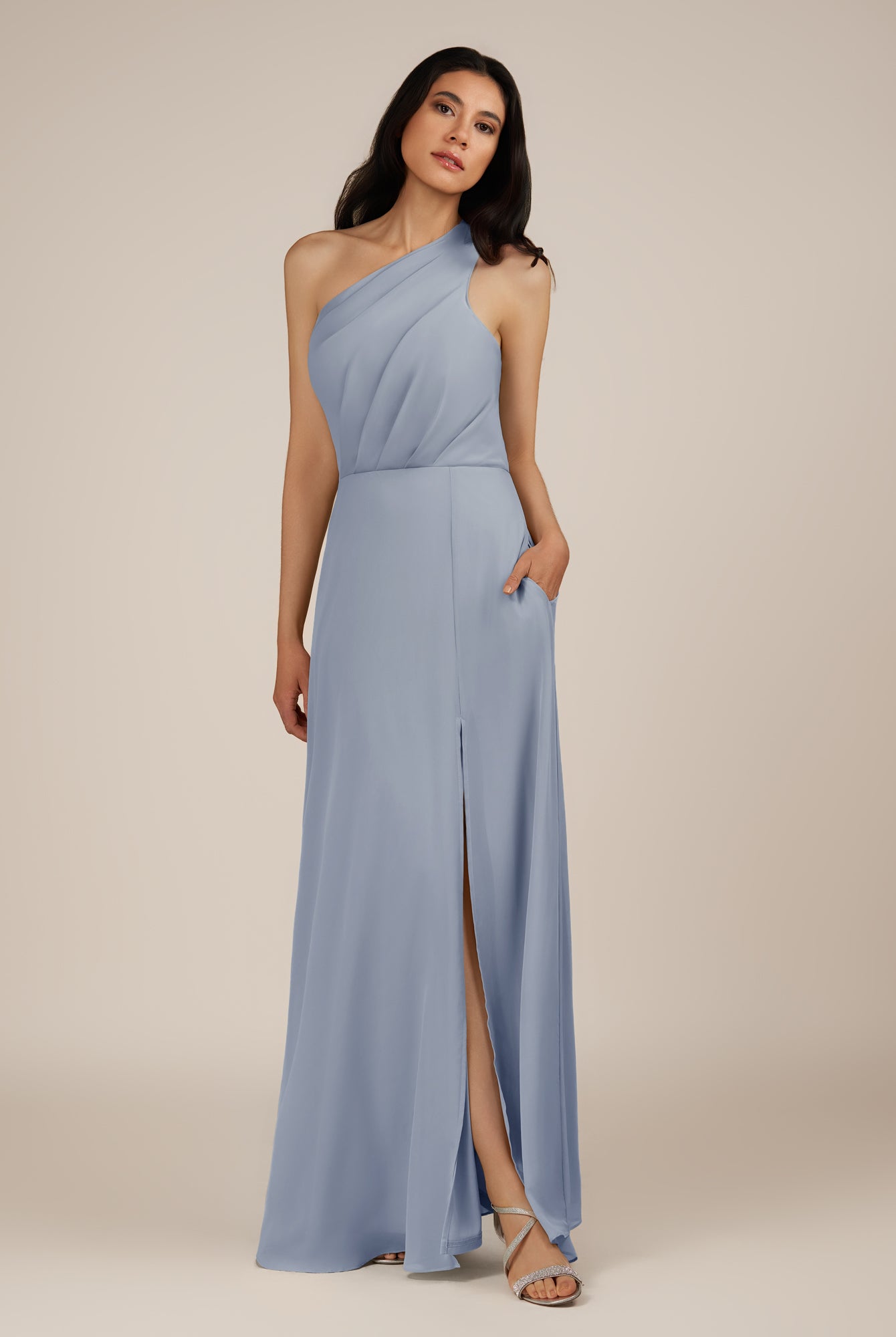 KissDress-Gaura Twilight A Line Chiffon One Shoulder Pleated Long Bridesmaid Dress with Slit