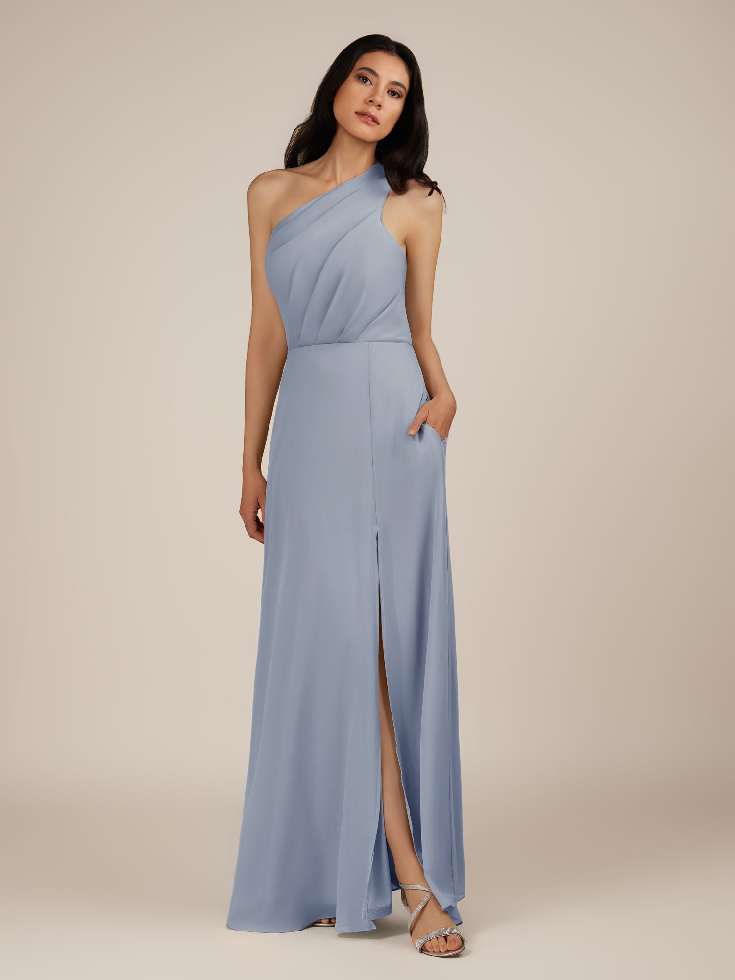 KissDress-Gaura Twilight A Line Chiffon One Shoulder Pleated Long Bridesmaid Dress with Slit
