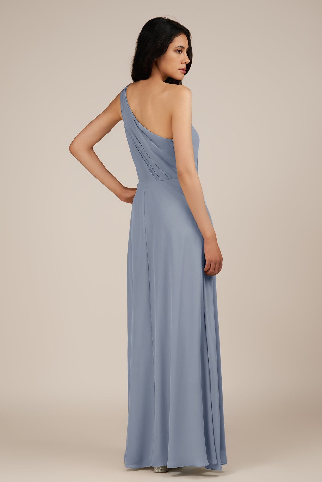 KissDress-Gaura Twilight A Line Chiffon One Shoulder Pleated Long Bridesmaid Dress with Slit
