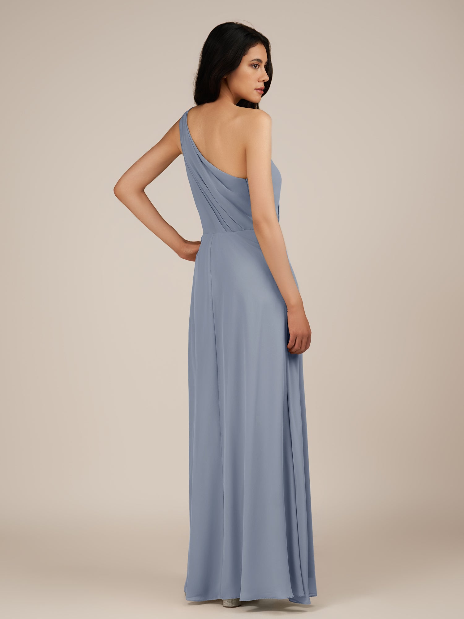 KissDress-Gaura Twilight A Line Chiffon One Shoulder Pleated Long Bridesmaid Dress with Slit