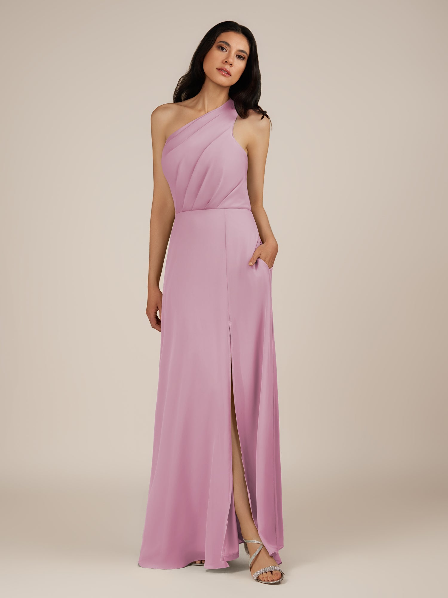 KissDress-Gaura Vintage Mauve A Line Chiffon One Shoulder Pleated Long Bridesmaid Dress with Slit