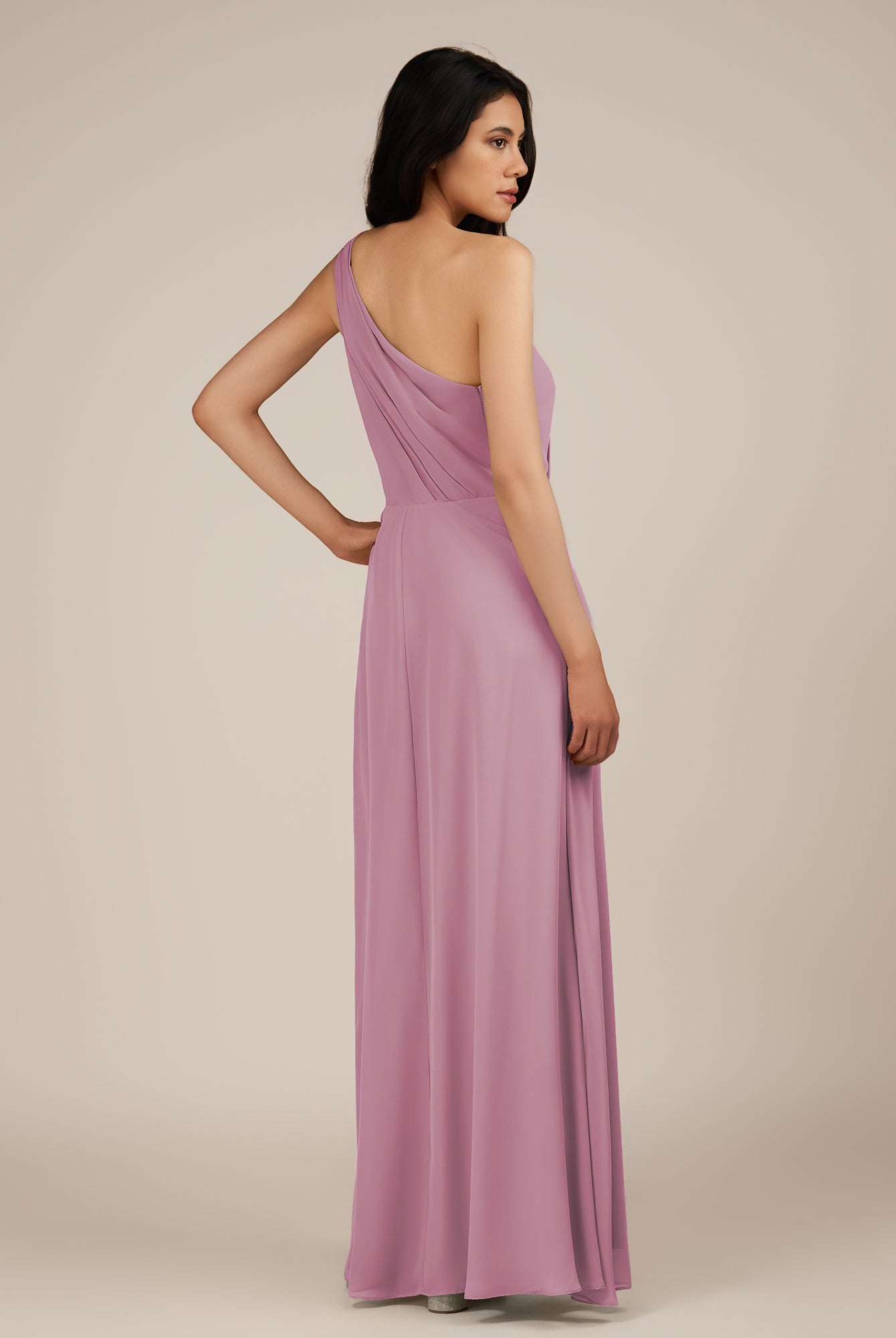 KissDress-Gaura Vintage Mauve A Line Chiffon One Shoulder Pleated Long Bridesmaid Dress with Slit