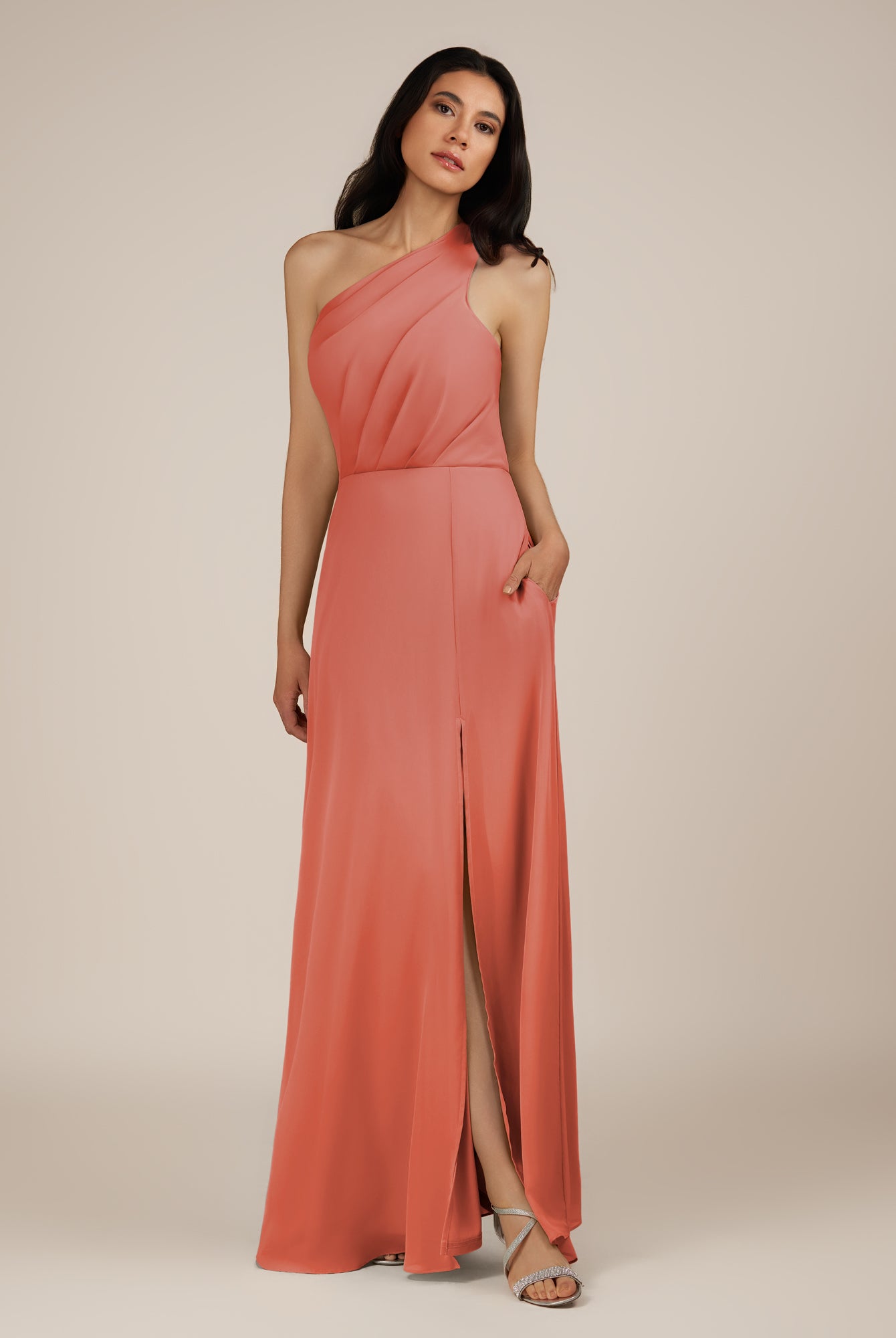 KissDress-Gaura Wild Rose A Line Chiffon One Shoulder Pleated Long Bridesmaid Dress with Slit