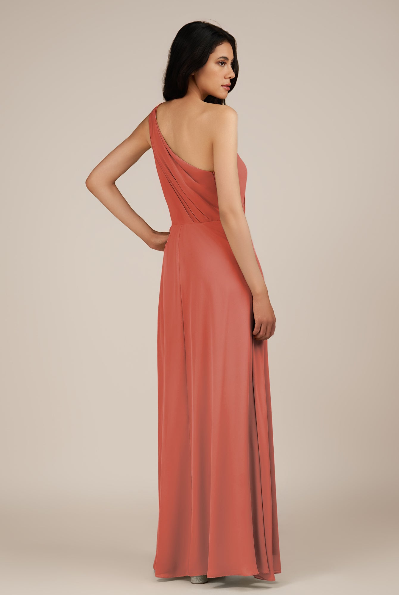 KissDress-Gaura Wild Rose A Line Chiffon One Shoulder Pleated Long Bridesmaid Dress with Slit