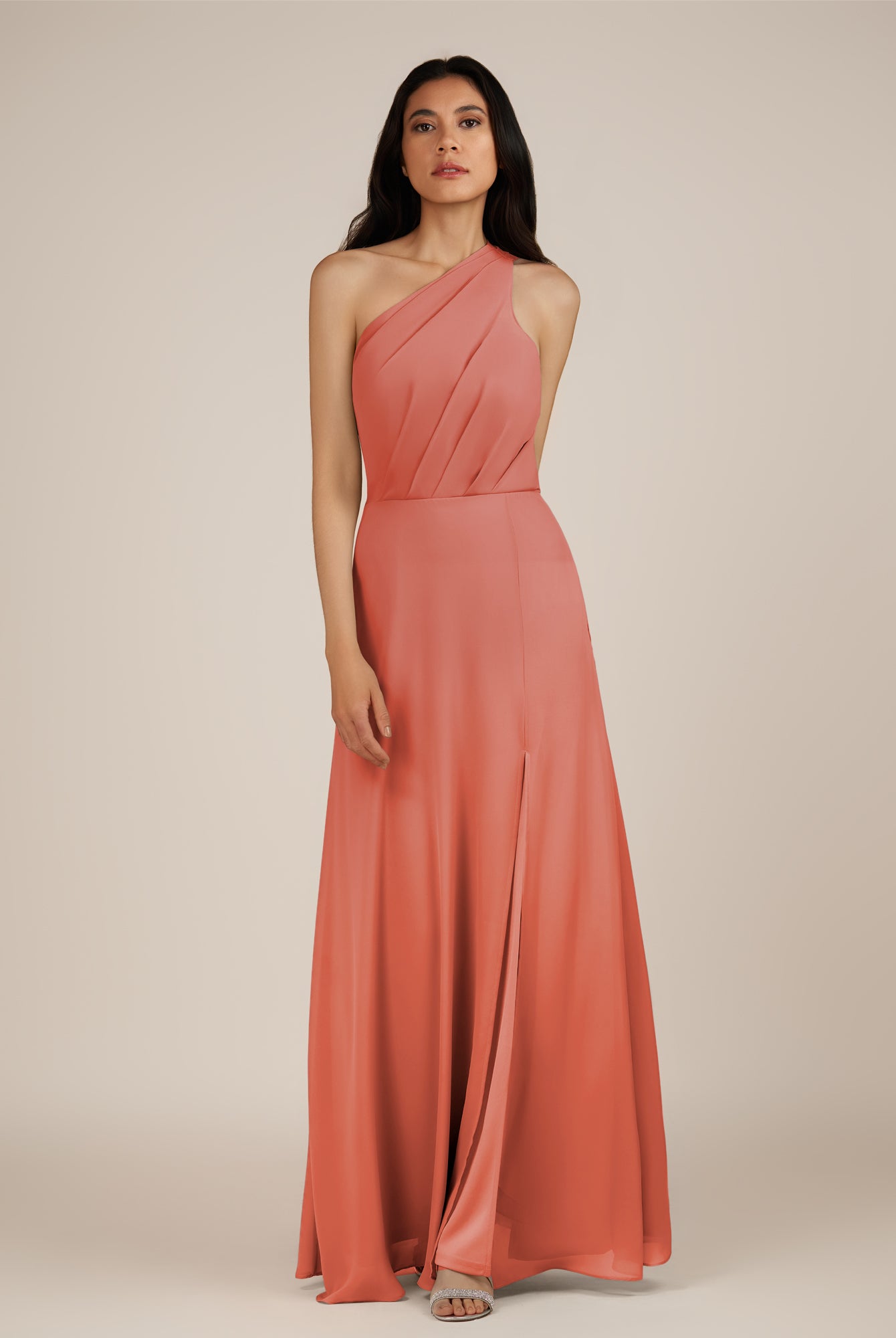 KissDress-Gaura Wild Rose A Line Chiffon One Shoulder Pleated Long Bridesmaid Dress with Slit