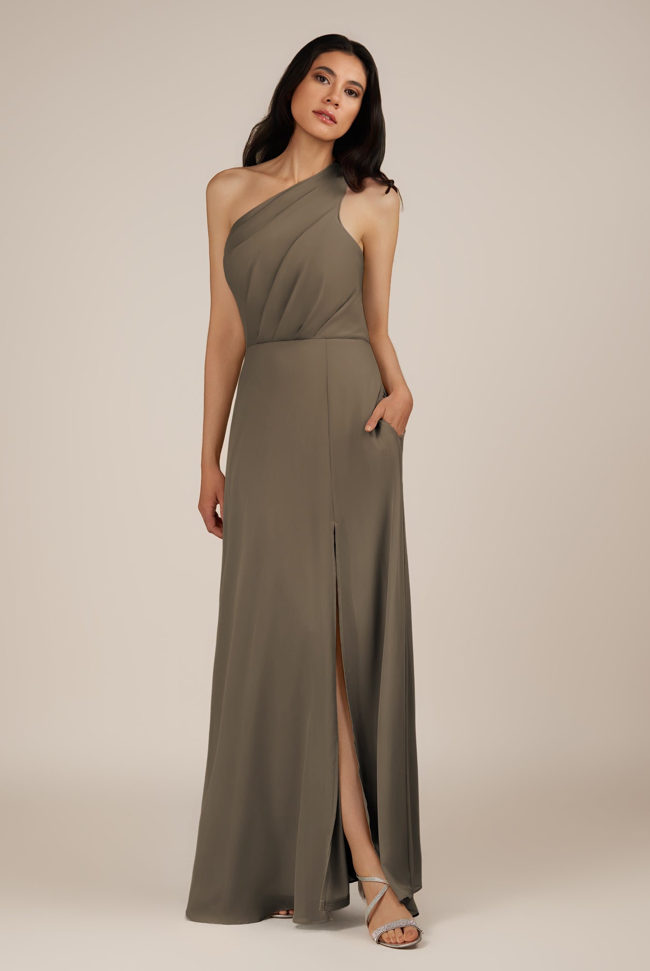 KissDress-Gaura Willow Green A Line Chiffon One Shoulder Pleated Long Bridesmaid Dress with Slit