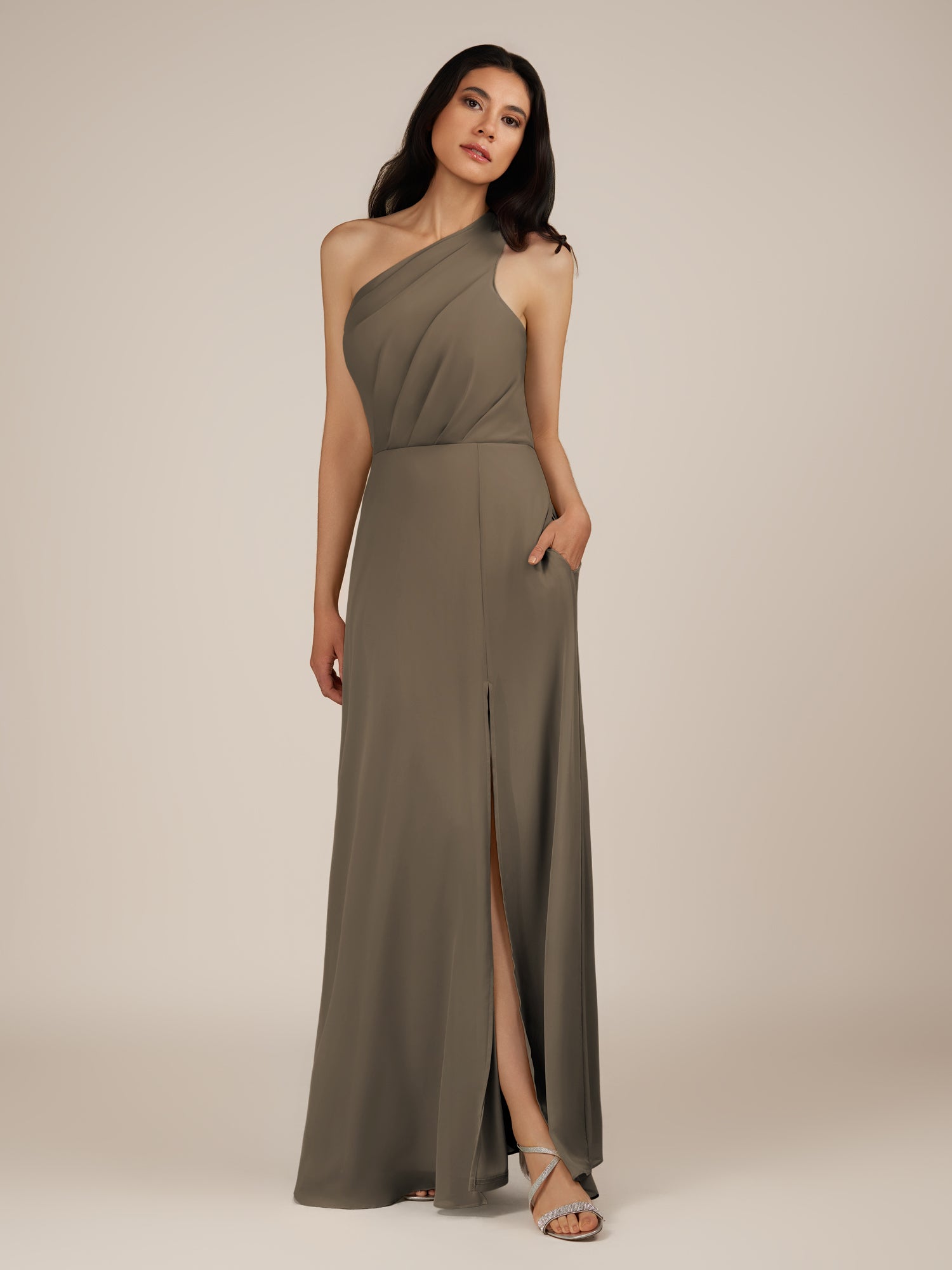 KissDress-Gaura Willow Green A Line Chiffon One Shoulder Pleated Long Bridesmaid Dress with Slit