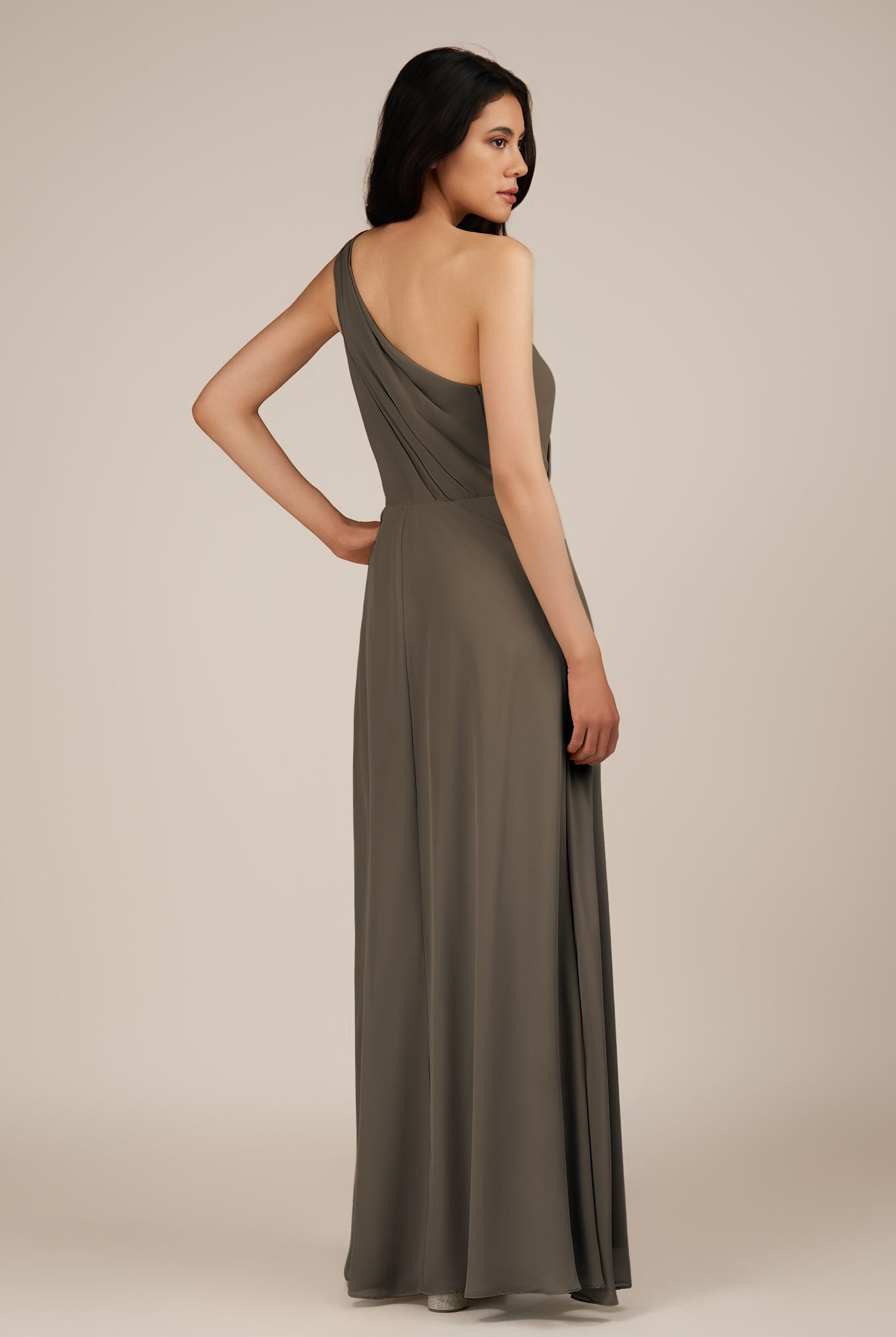 KissDress-Gaura Willow Green A Line Chiffon One Shoulder Pleated Long Bridesmaid Dress with Slit