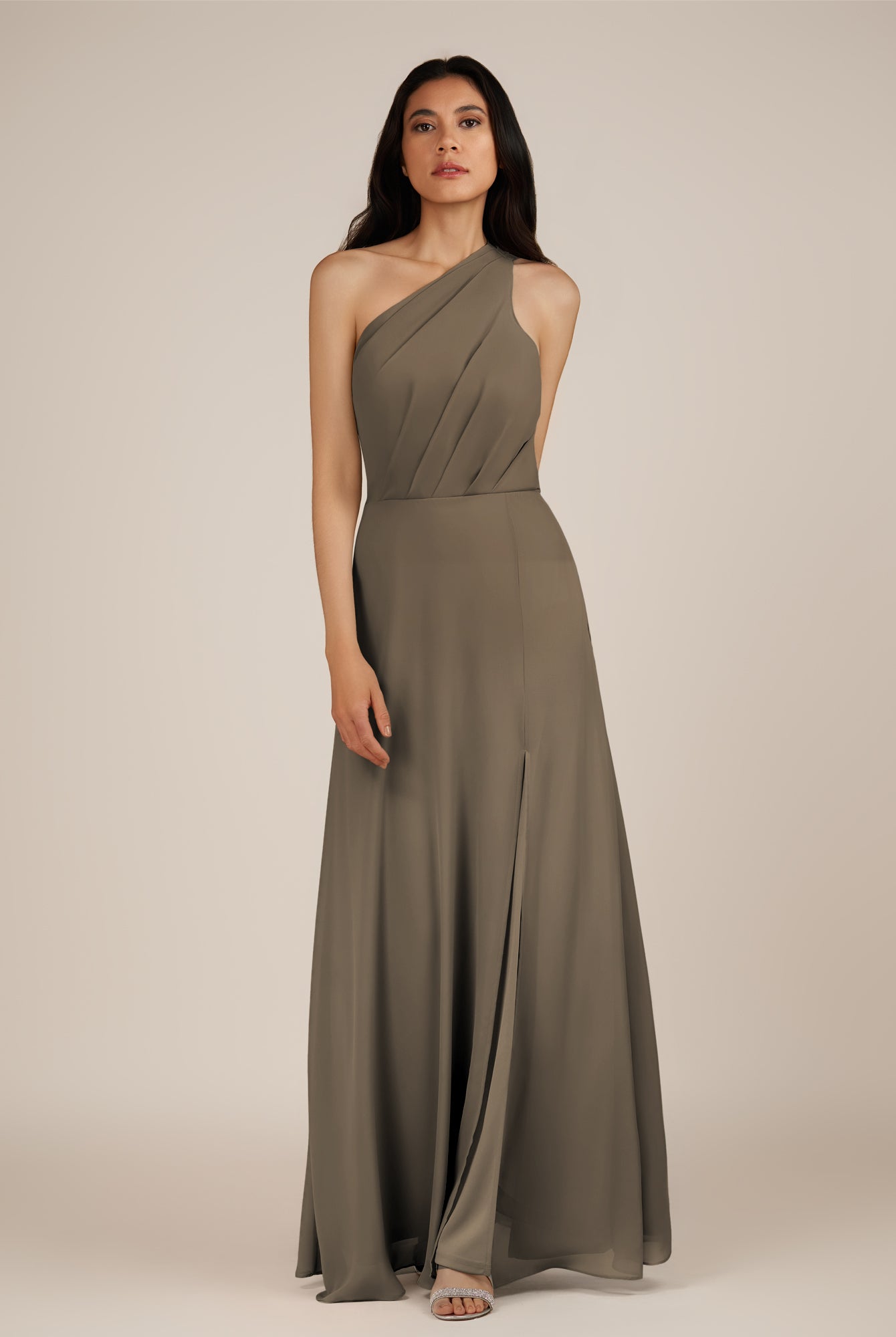 KissDress-Gaura Willow Green A Line Chiffon One Shoulder Pleated Long Bridesmaid Dress with Slit