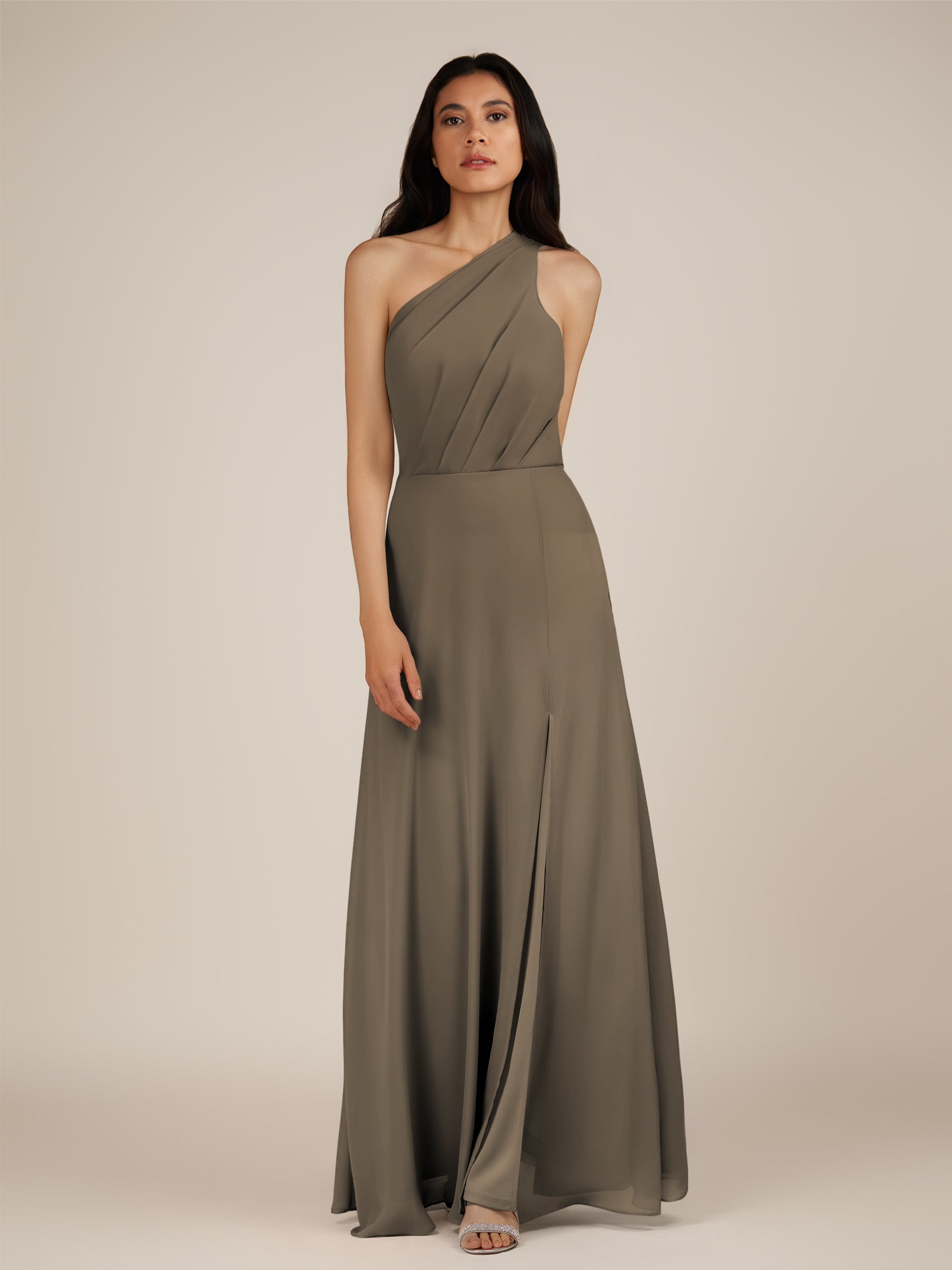 KissDress-Gaura Willow Green A Line Chiffon One Shoulder Pleated Long Bridesmaid Dress with Slit