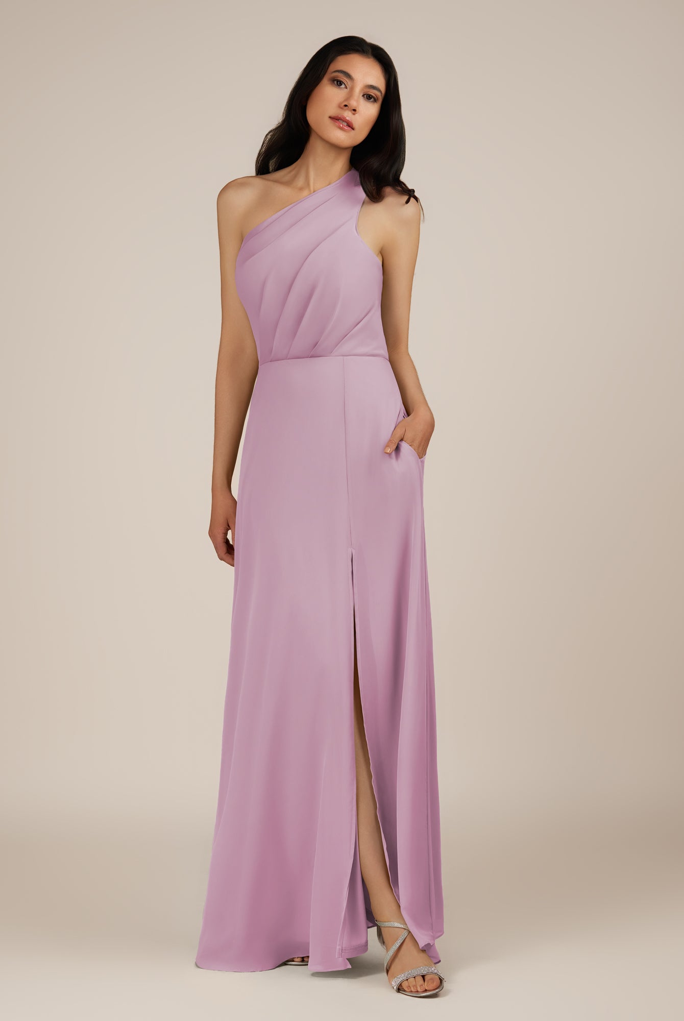 KissDress-Gaura Wisteria A Line Chiffon One Shoulder Pleated Long Bridesmaid Dress with Slit
